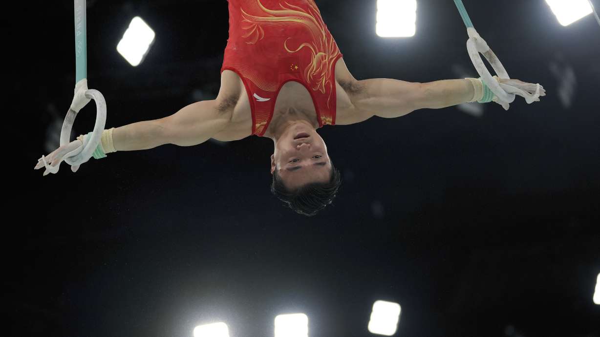 Liu Yang, of China, rings during the men's artistic gymnastics team finals round at Bercy Arena at the 2024 Summer Olympics, Monday, July 29, 2024, in Paris, France.