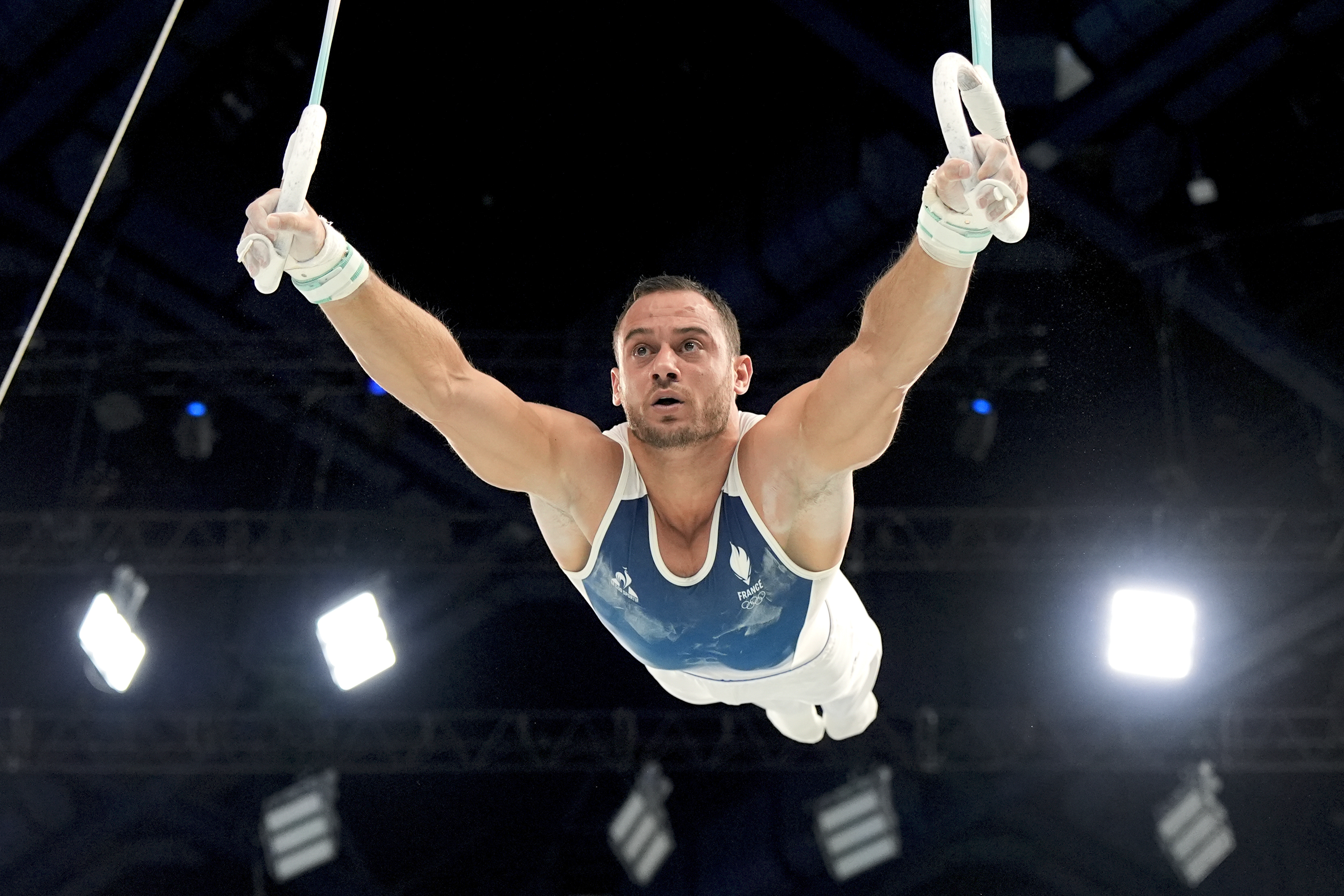 Samir Ait Said, of France, competes during the men's artistic gymnastics individual rings finals at Bercy Arena at the 2024 Summer Olympics, Sunday, Aug. 4, 2024, in Paris, France. 