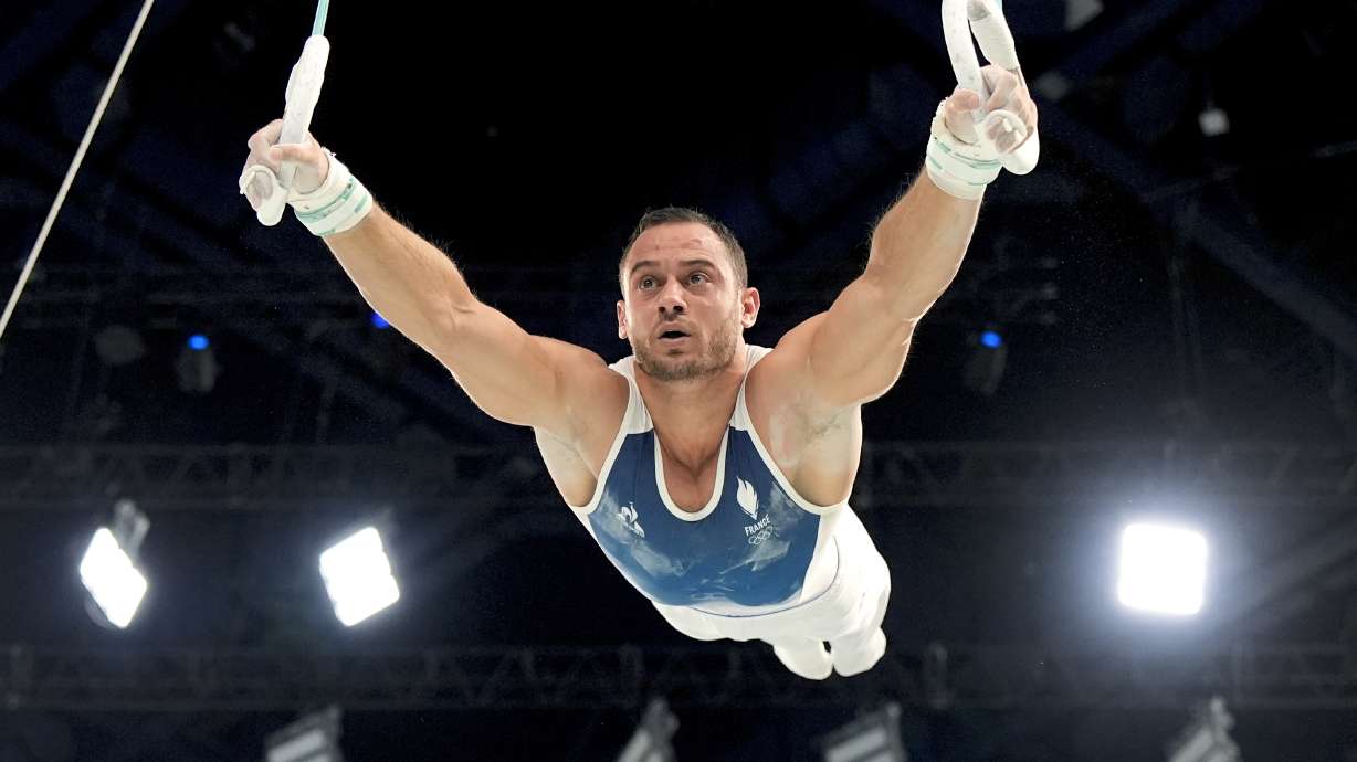 Samir Ait Said, of France, competes during the men's artistic gymnastics individual rings finals at Bercy Arena at the 2024 Summer Olympics, Sunday, Aug. 4, 2024, in Paris, France.