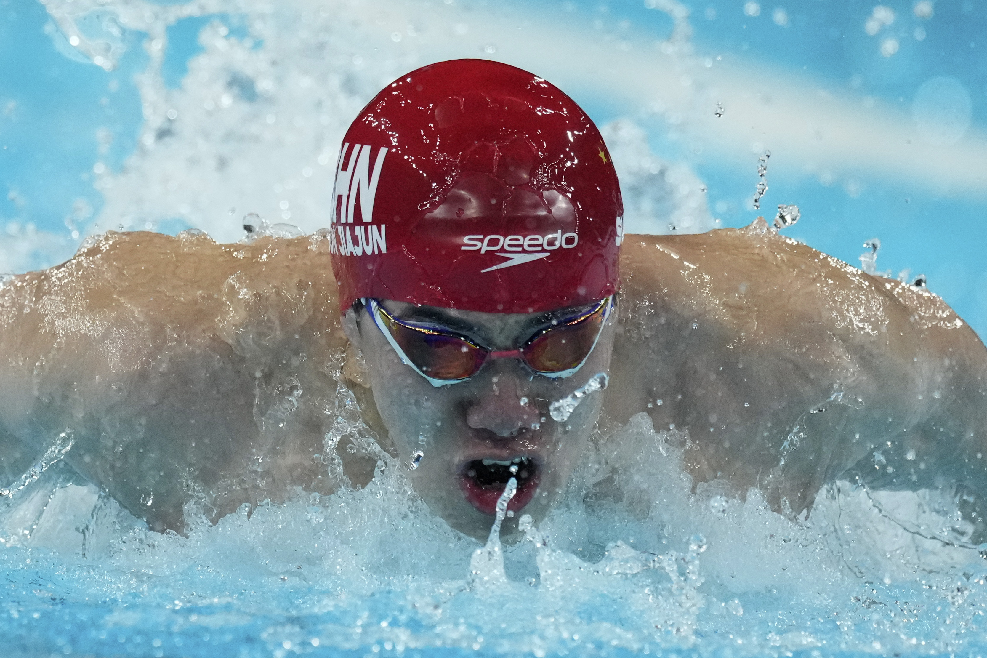 China's Sun Jiajun competes in the men's 4x100-meter medley relay final at the Summer Olympics in Nanterre, France, Sunday, Aug. 4, 2024. 
