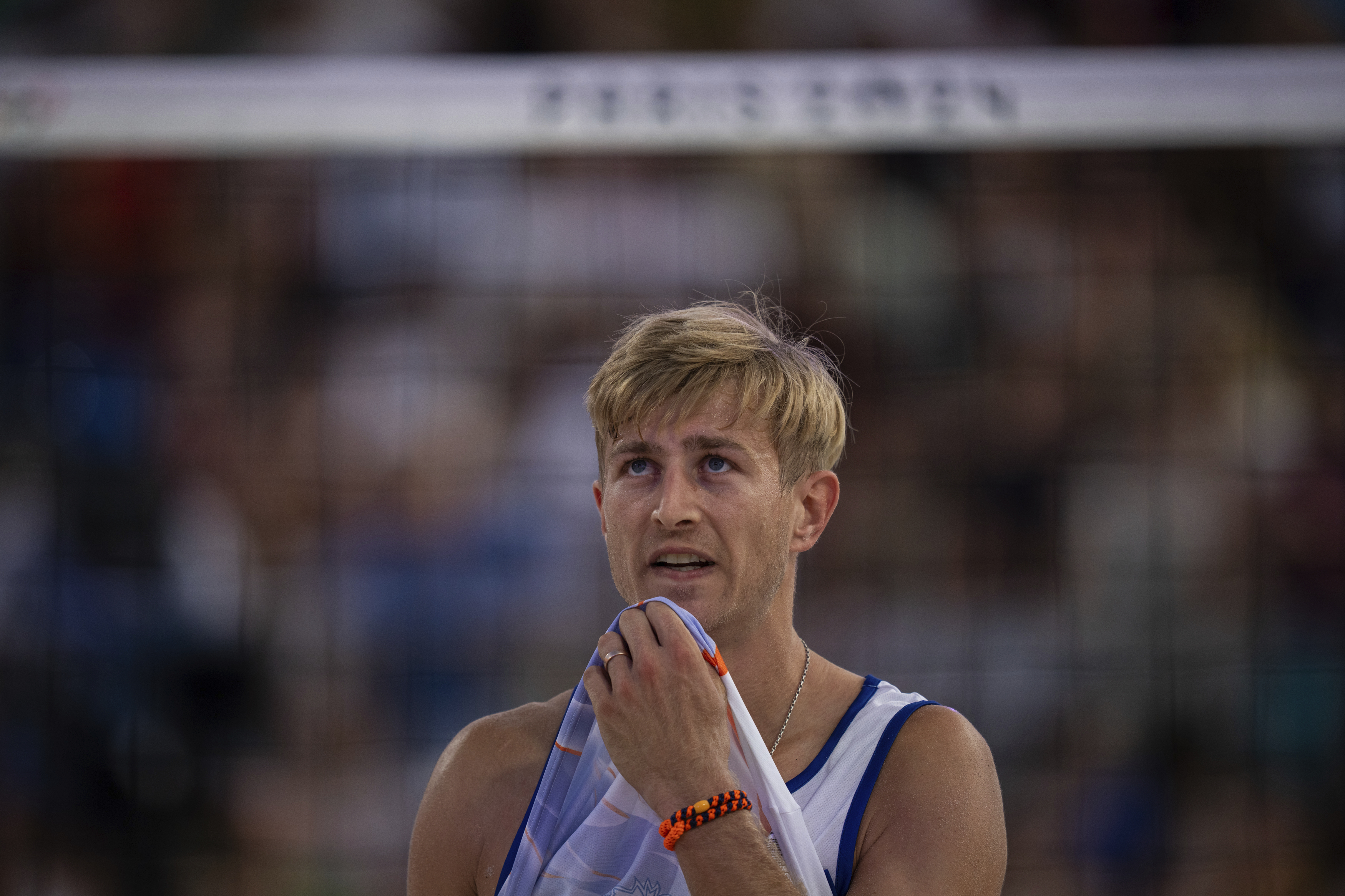 Netherlands' Steven Van De Velde reacts during the men's pool B beach volleyball match between Norway and Netherlands at Eiffel Tower Stadium at the 2024 Summer Olympics, Friday, Aug. 2, 2024, in Paris, France.