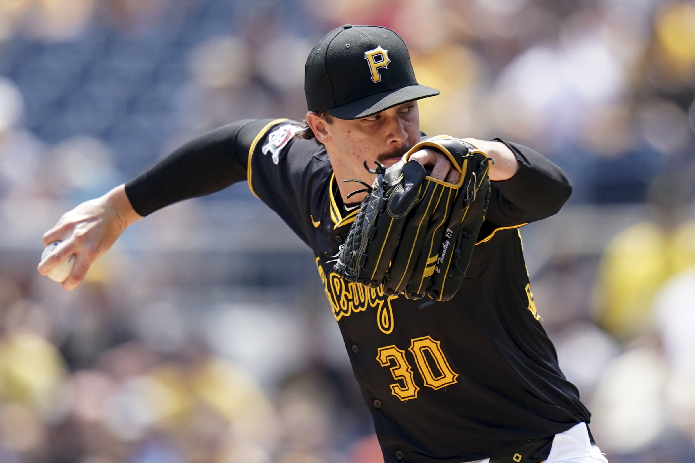 Pittsburgh Pirates starting pitcher Paul Skenes delivers during the first inning of a baseball game against the Arizona Diamondbacks, Sunday, Aug. 4, 2024, in Pittsburgh. 