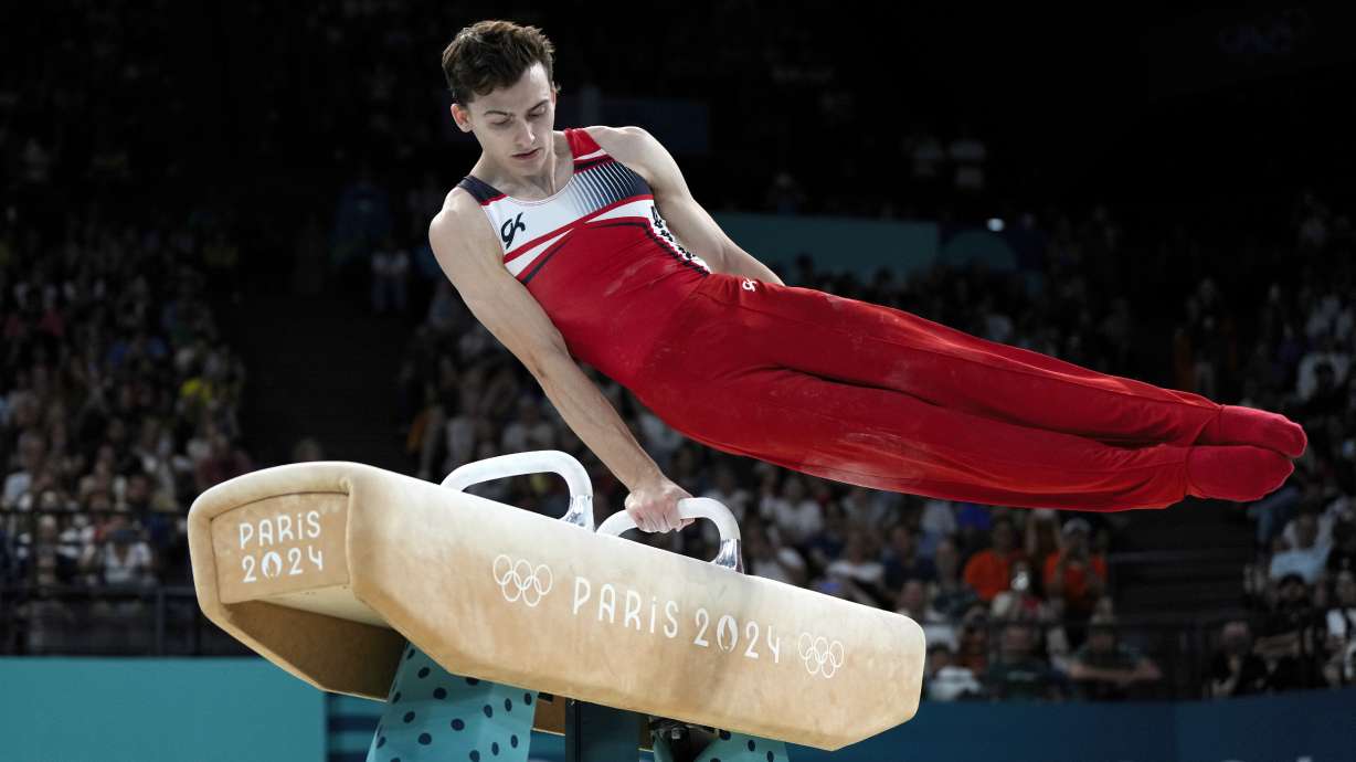 Stephen Nedoroscik, of the United States, competes during the men's artistic gymnastics individual pommel finals at Bercy Arena at the 2024 Summer Olympics, Saturday, Aug. 3, 2024, in Paris, France.