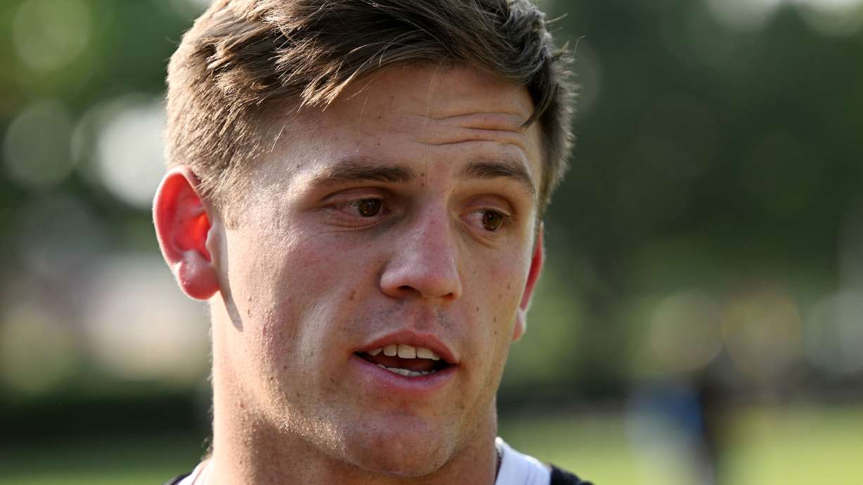 Quarterback Jake Retzlaff talks with the media after BYU held their first fall football practice in Provo on Wednesday, July 31, 2024.