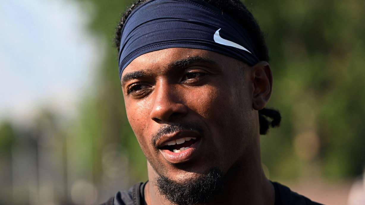 Quarterback Gerry Bohanon talks with the media after BYU held their first fall football practice in Provo on Wednesday, July 31, 2024.