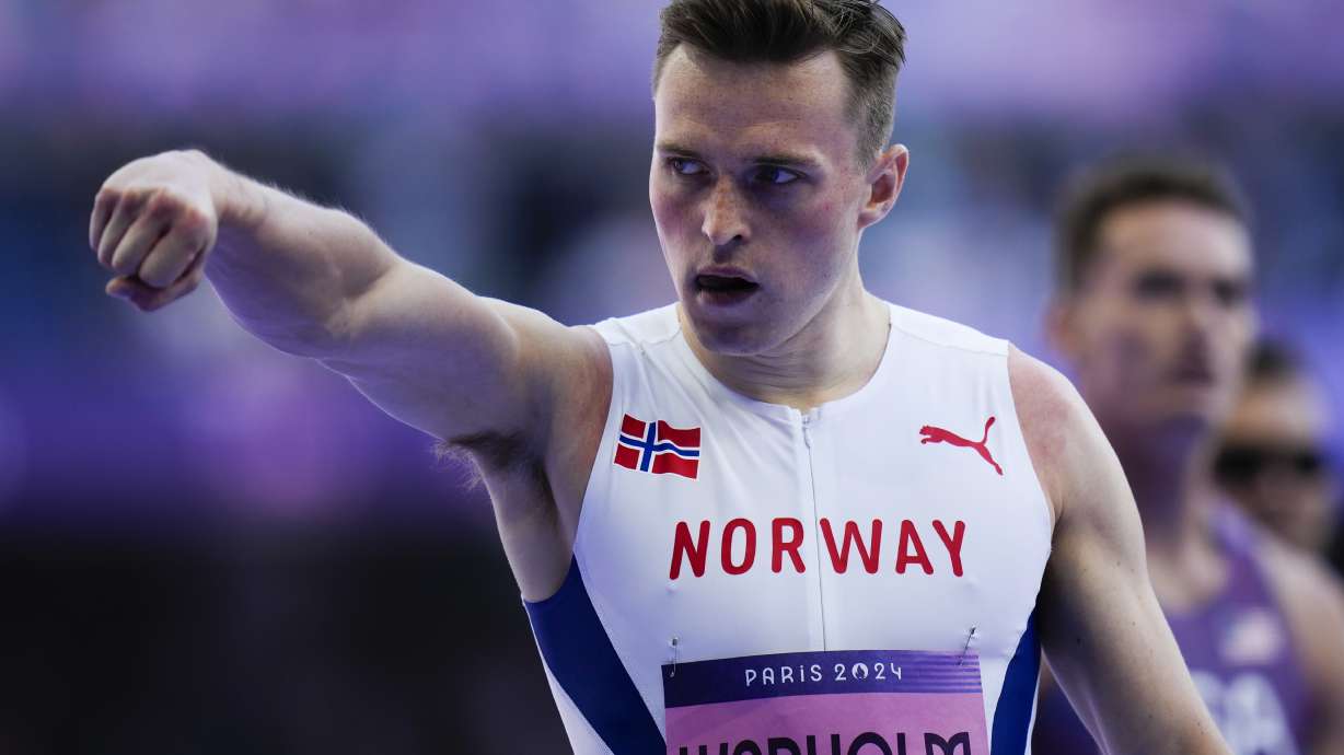 Karsten Warholm, of Norway, reacts after his men's 400-meter hurdles heat at the 2024 Summer Olympics, Monday, Aug. 5, 2024, in Saint-Denis, France.
