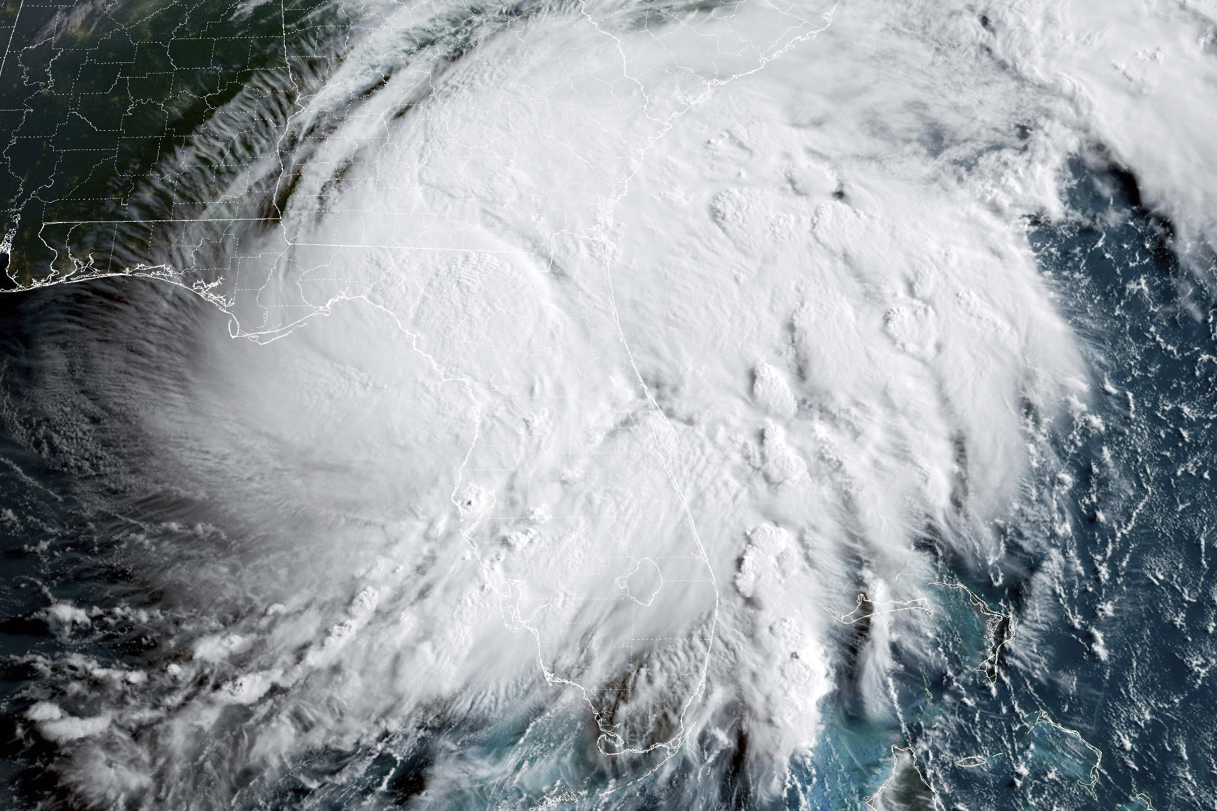 This GOES-16 GeoColor satellite image taken at 8:11 a.m. EDT shows Hurricane Debby, a Category 1 storm over northern Florida, Monday.