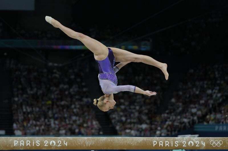 Alice D'Amato, of Italy, competes during the women's artistic gymnastics individual balance beam finals at Bercy Arena at the 2024 Summer Olympics, Monday in Paris, France.