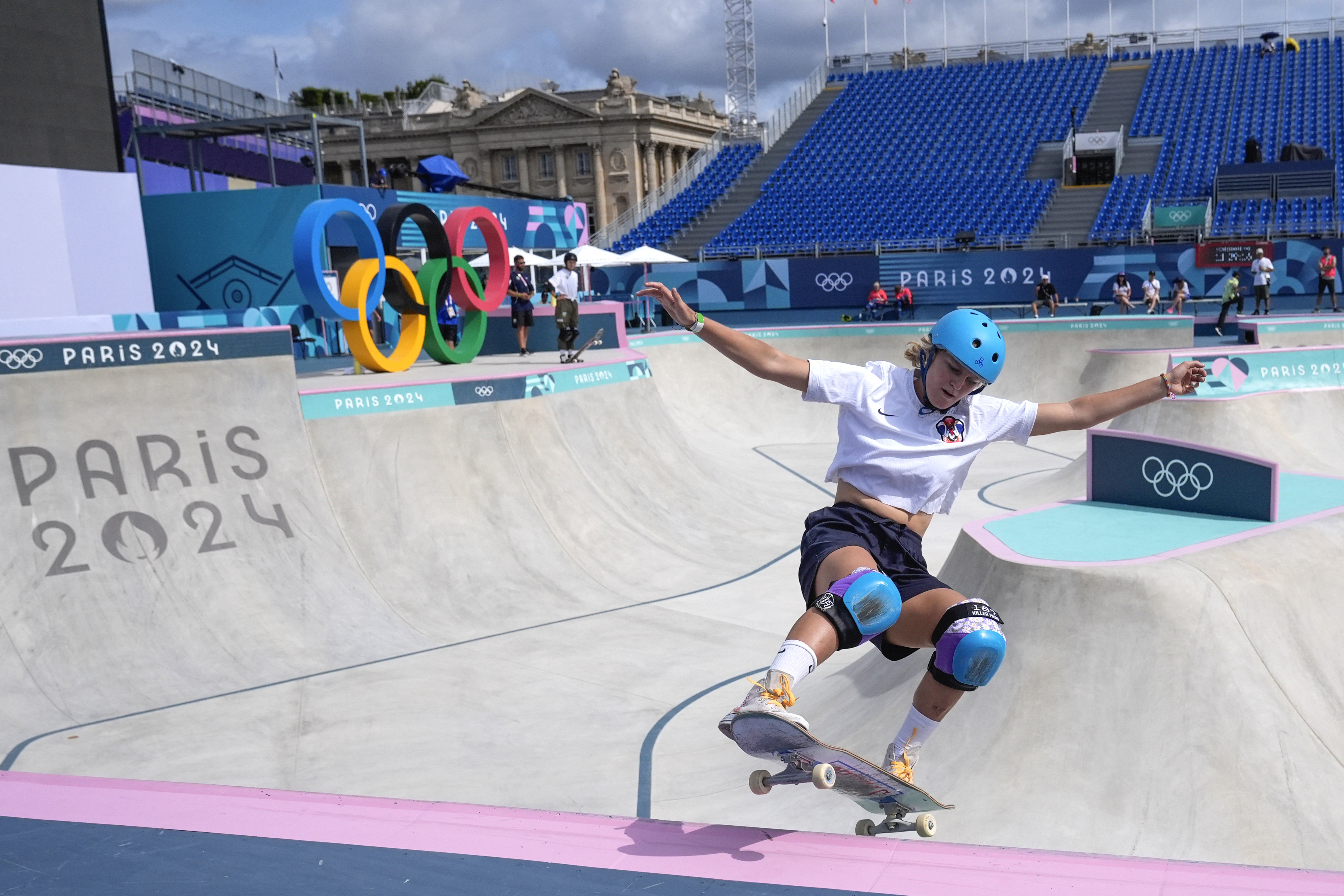 FILE - Bryce Wettstein, of the United States, performs during the women's skateboard park practice session during the 2024 Summer Olympics, Saturday, Aug. 3, 2024, in Paris, France. The San Diego native could emerge from the women's park competition with a medal, new lyrics or both. She's liable to be the only one strumming a ukulele between runs.
