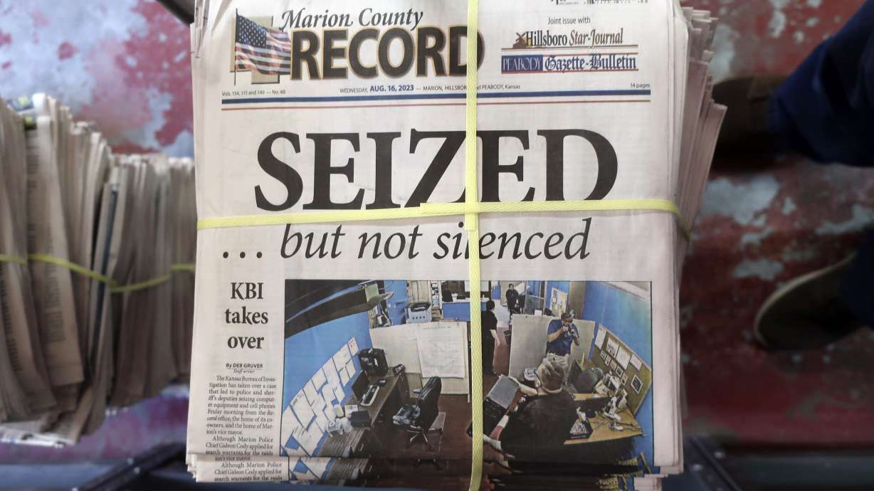A stack of the Marion County Record sits on Aug. 16, 2023, in Marion, Kan. Two special prosecutors said Monday they plan to file a criminal obstruction of justice charge against a former central Kansas police chief over raid of the newspaper.