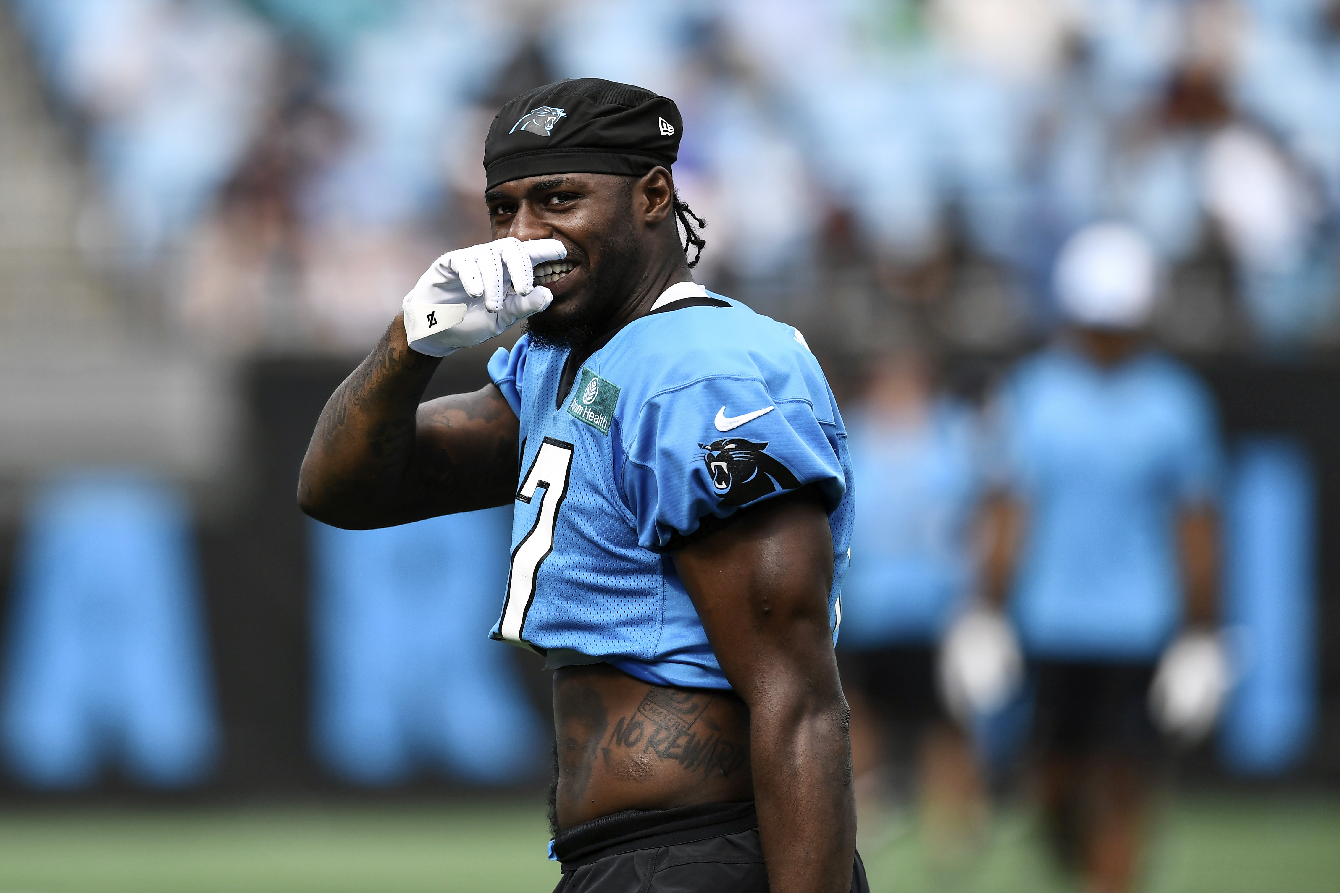 Carolina Panthers wide receiver Xavier Legette smiles during the NFL football team's training camp in Charlotte, N.C., Saturday, July 27, 2024.