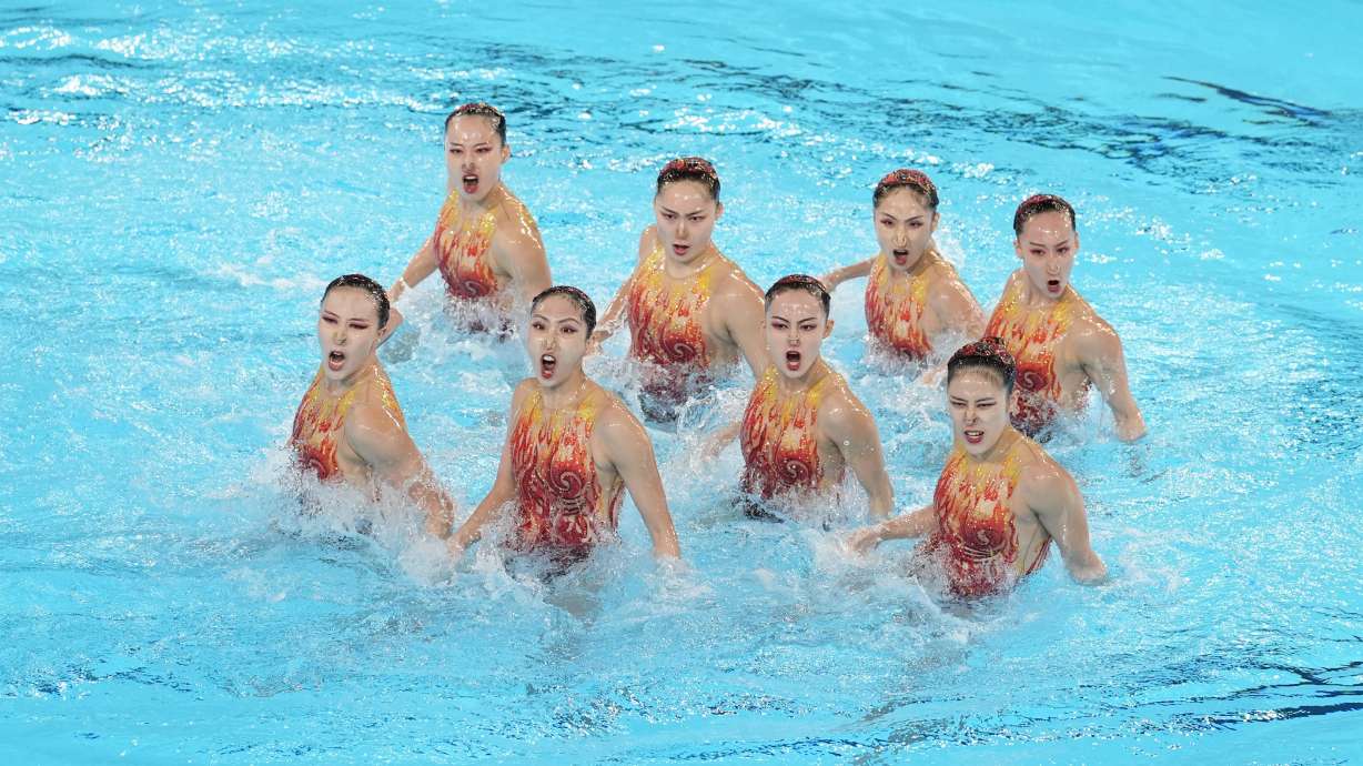 Team China compete in the technical routine of artistic swimming at the 2024 Summer Olympics, Monday, Aug. 5, 2024, in Saint-Denis, France.