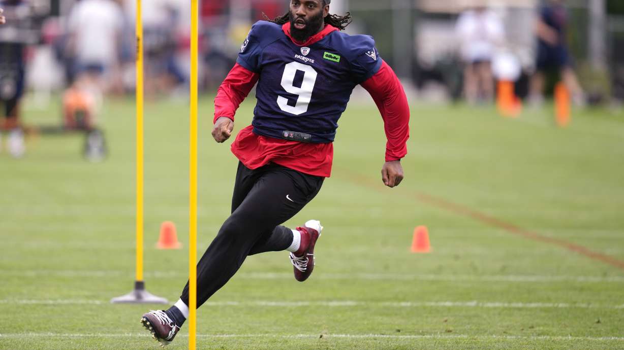 New England Patriots linebacker Matthew Judon runs a drill during an NFL football training camp, Thursday, July 25, 2024, in Foxborough, Mass.