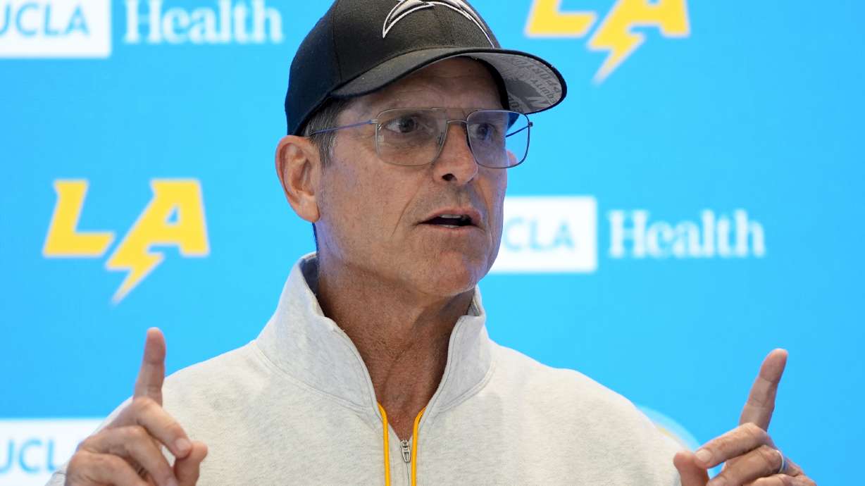 Los Angeles Chargers head coach Jim Harbaugh speaks at a news conference after NFL football training camp Monday, July 29, 2024, in El Segundo, Calif.
