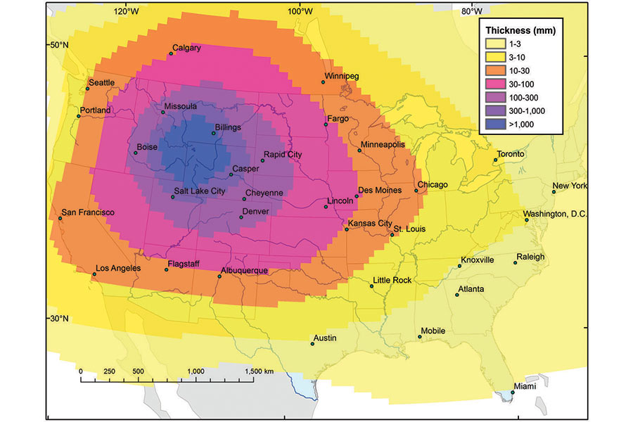 This image shows the United States Geological Survey projection for what the ashfall would be on a Yellowstone supereruption, measured in millimeters.