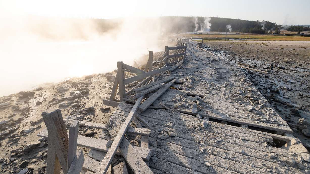 Damage to a boardwalk in the Biscuit Basin section of Yellowstone National Park from a hydrothermal explosion on July 23.