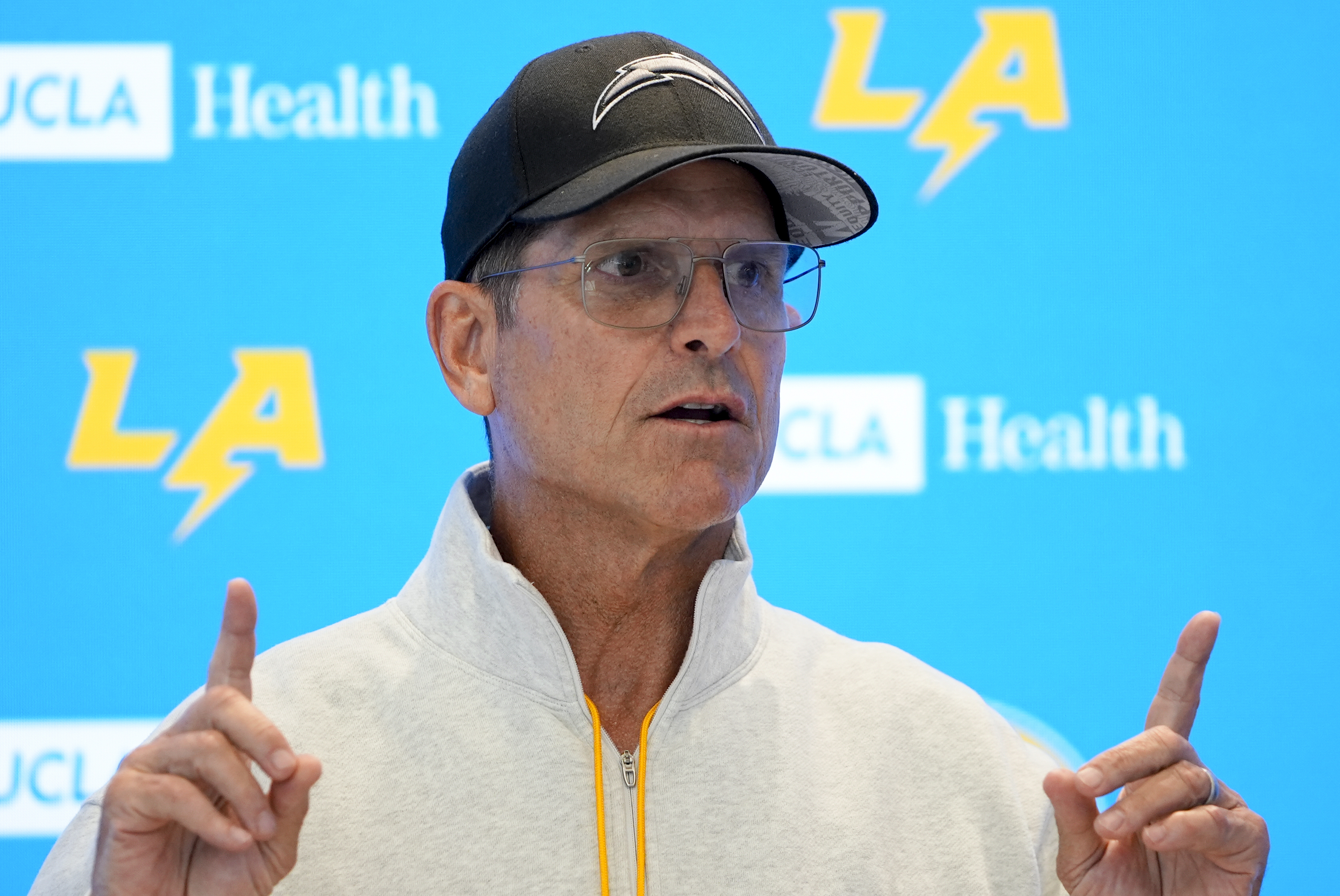 Los Angeles Chargers head coach Jim Harbaugh speaks at a news conference after NFL football training camp Monday, July 29, 2024, in El Segundo, Calif.