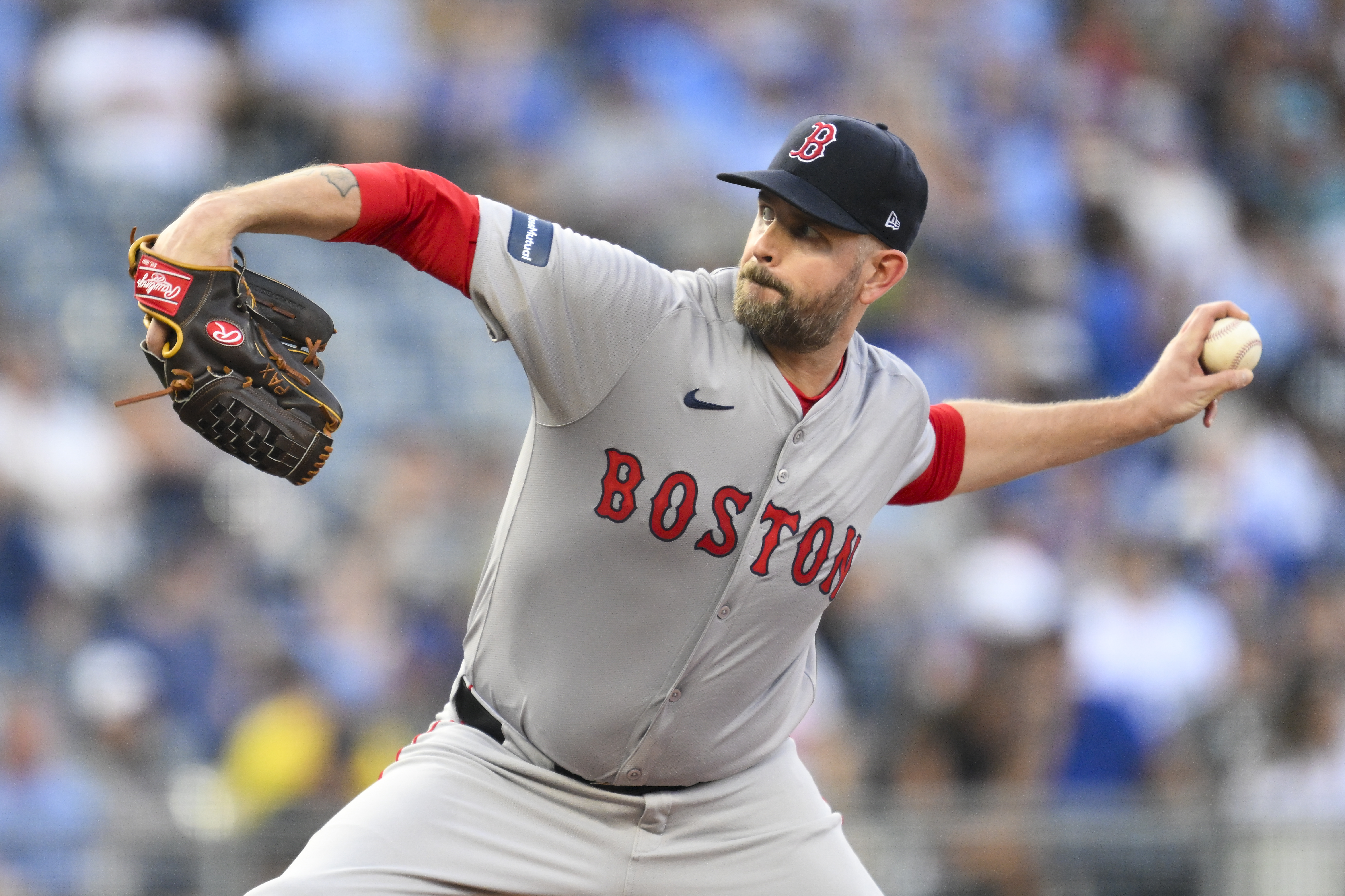 Boston Red Sox starting pitcher James Paxton throws to a Kansas City Royals batter during the first inning of a baseball game, Monday, Aug. 5, 2024, in Kansas City, Mo.