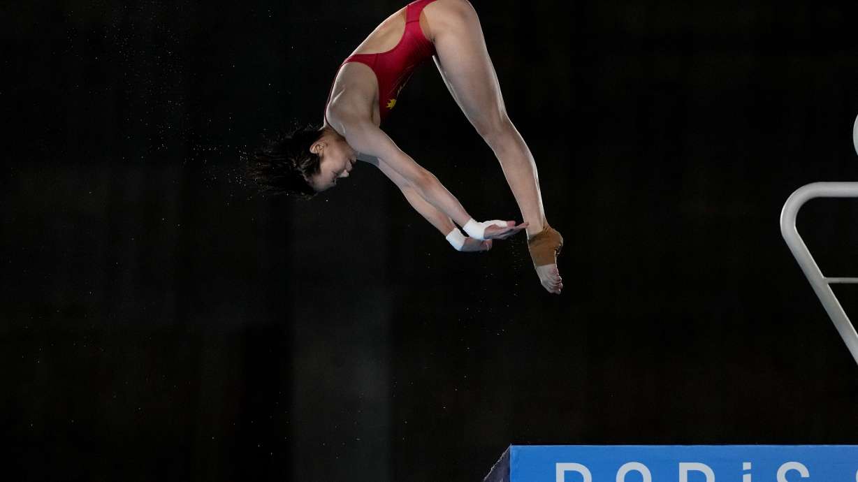 China's Quan Hongchan competes in the women's 10m platform diving final at the 2024 Summer Olympics, Tuesday, Aug. 6, 2024, in Saint-Denis, France.