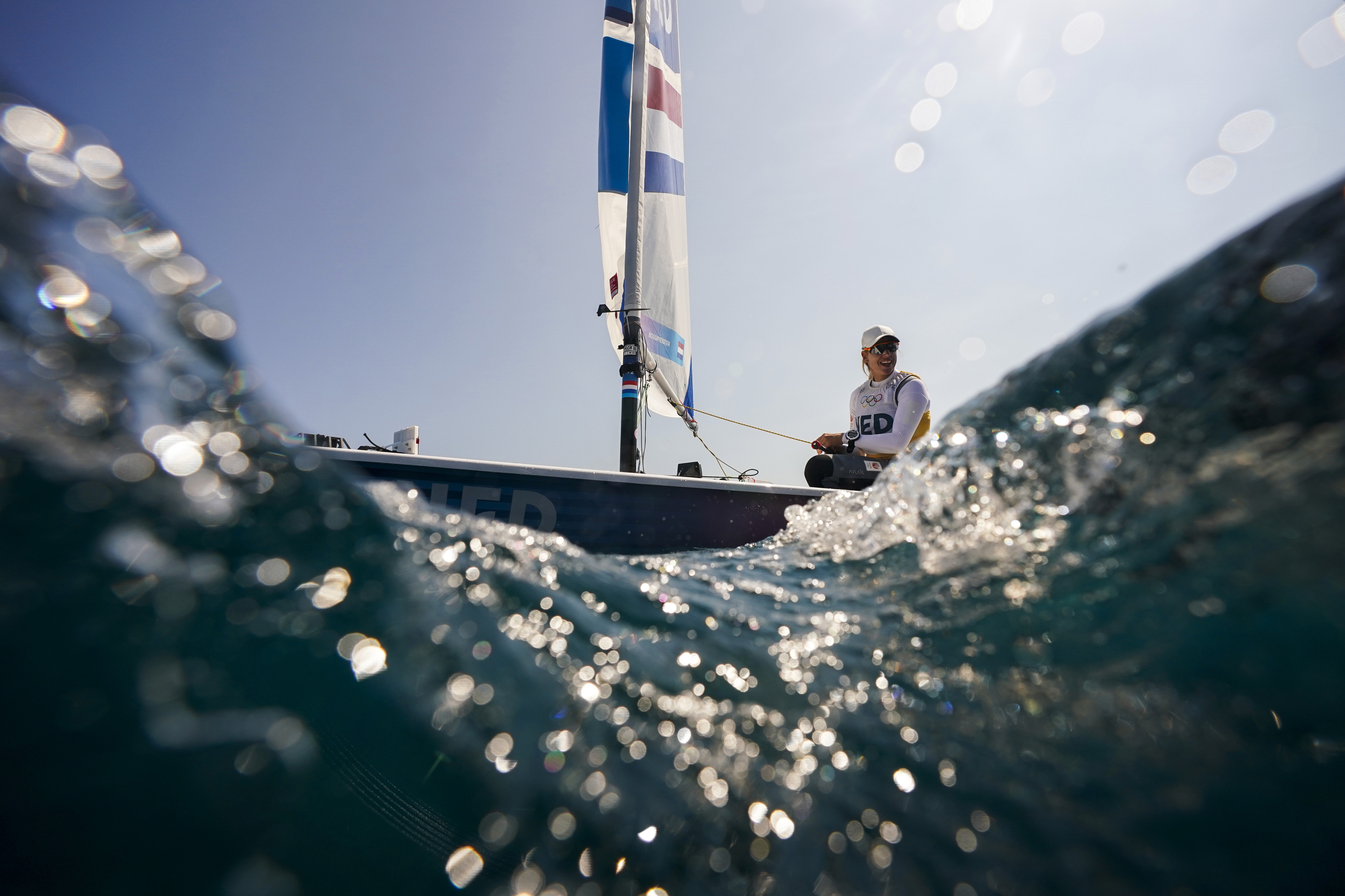 Marit Bouwmeester of the Netherlands sails back to the harbour after ILCA 6 dinghy class final race was postponed during the 2024 Summer Olympics, Tuesday, Aug. 6, 2024, in Marseille, France. 
