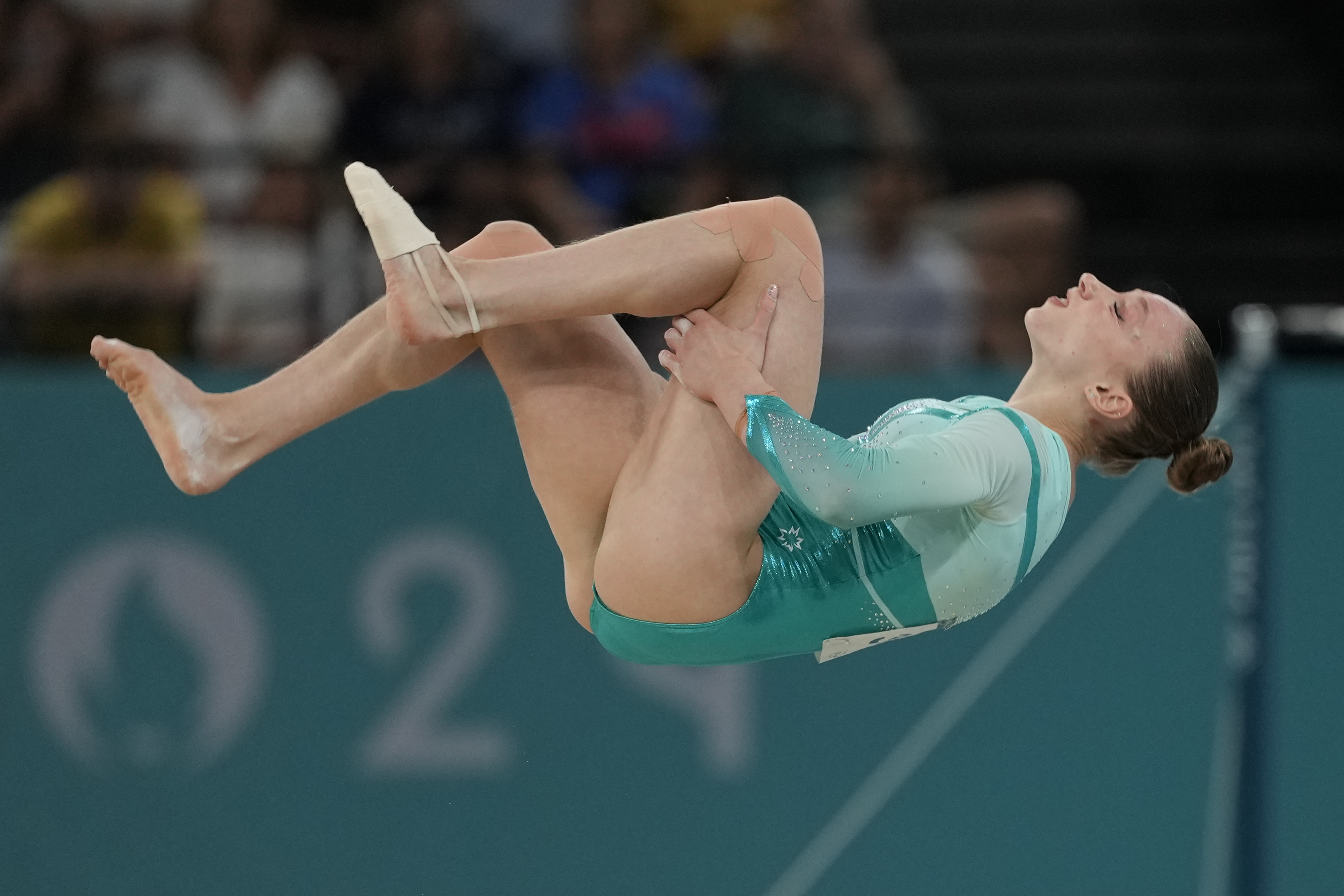 Ana Barbosu, of Romania, competes during the women's artistic gymnastics individual floor finals at Bercy Arena at the 2024 Summer Olympics, Monday, Aug. 5, 2024, in Paris, France. 