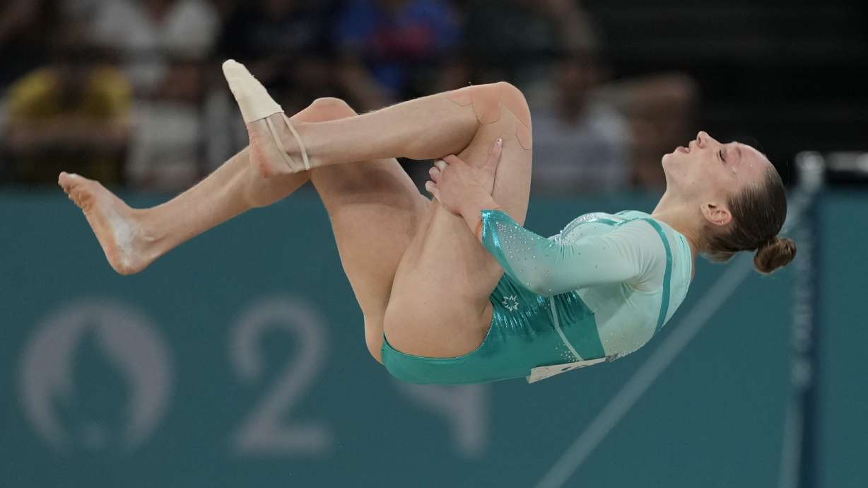 Ana Barbosu, of Romania, competes during the women's artistic gymnastics individual floor finals at Bercy Arena at the 2024 Summer Olympics, Monday, Aug. 5, 2024, in Paris, France.