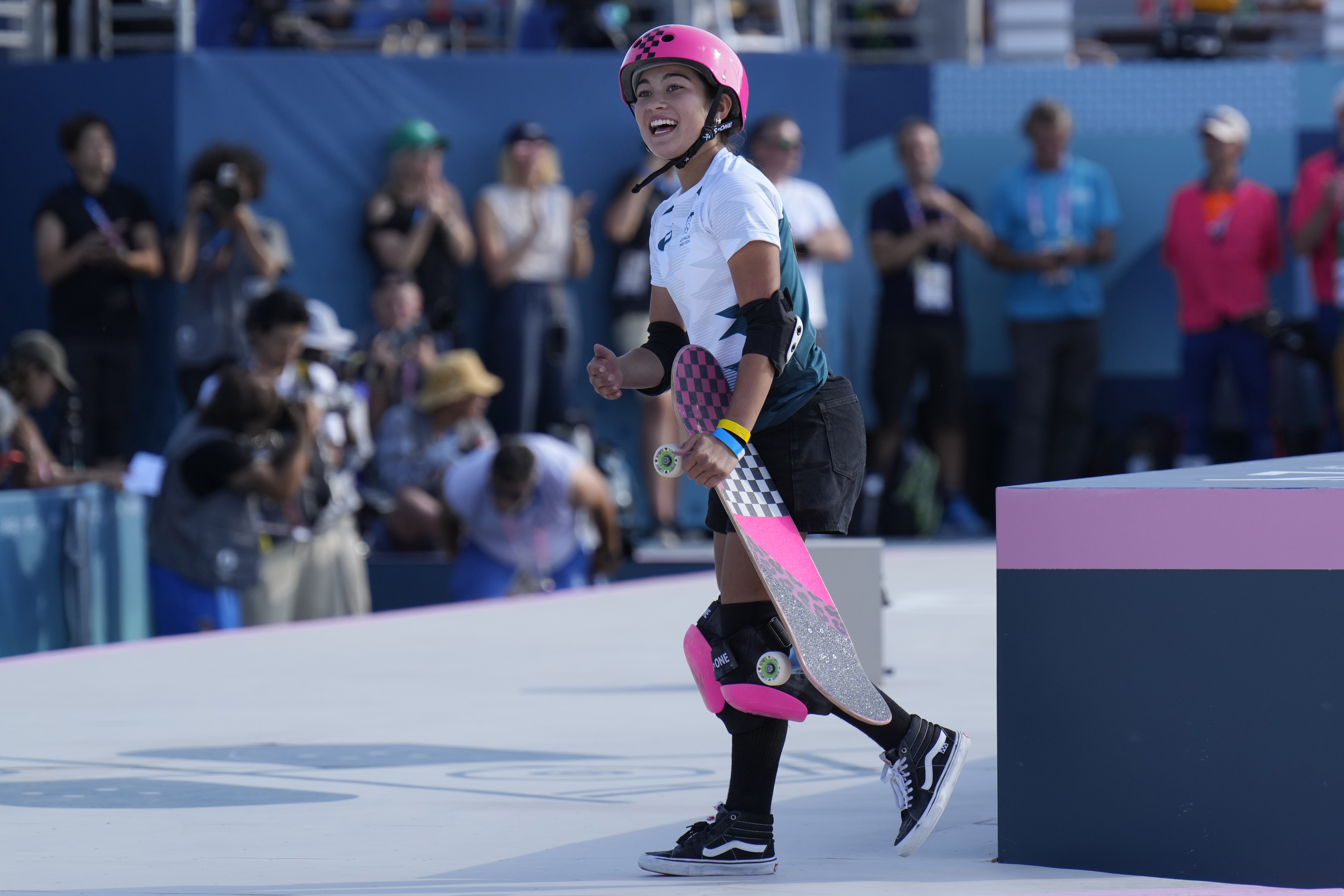 Arisa Trew of Australia reacts after her run during the women's skateboarding park final at the 2024 Summer Olympics, Tuesday, Aug. 6, 2024, in Paris, France. 