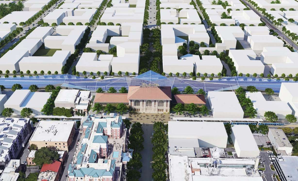 A rendering of what the Rio Grande District could look like with new development if train box moving railroad lines underground is built.