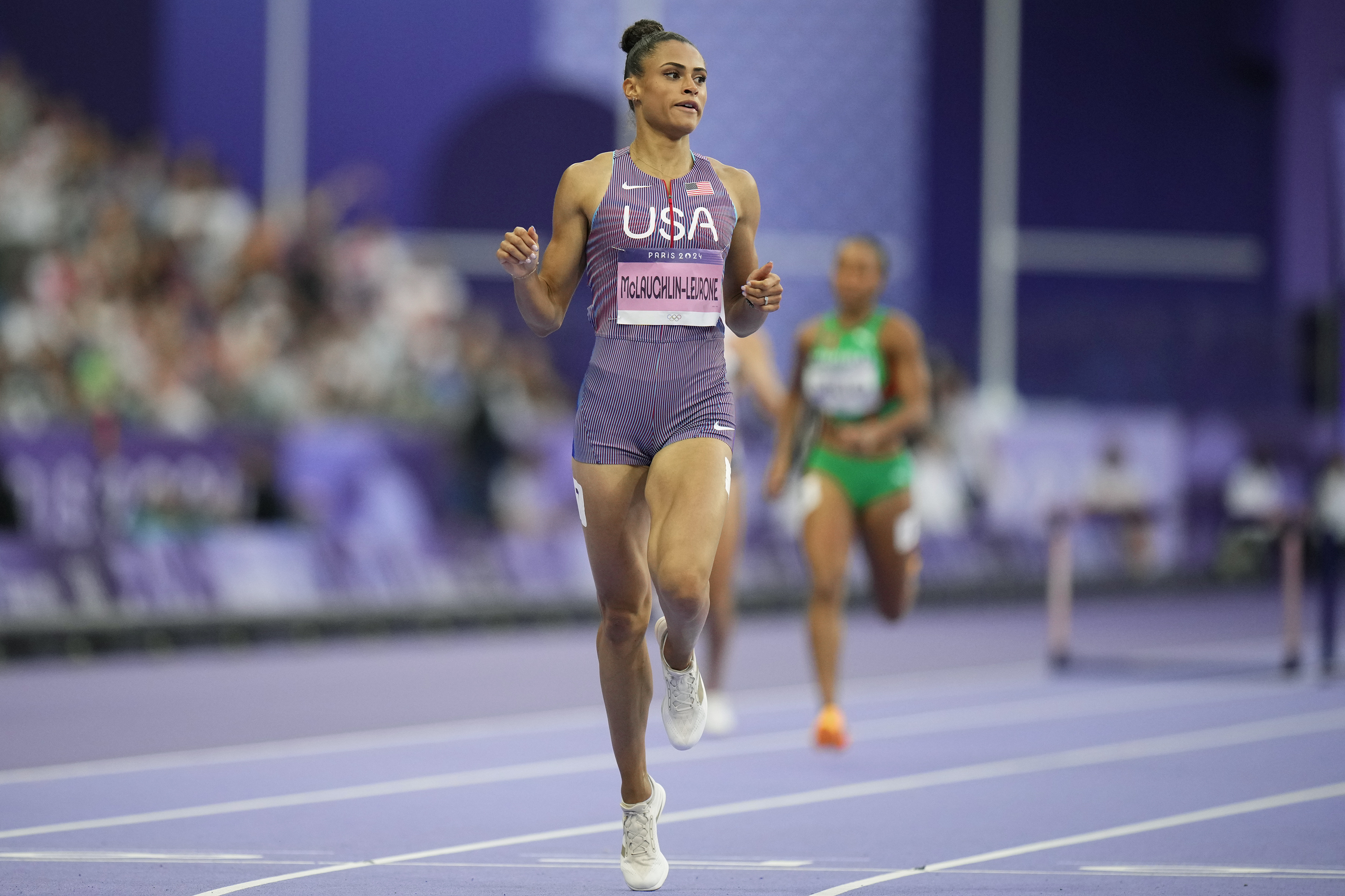 Sydney McLaughlin-Levrone, of the United States, competes in the women's 400-meters hurdles semifinal at the 2024 Summer Olympics, Tuesday, Aug. 6, 2024, in Saint-Denis, France. 
