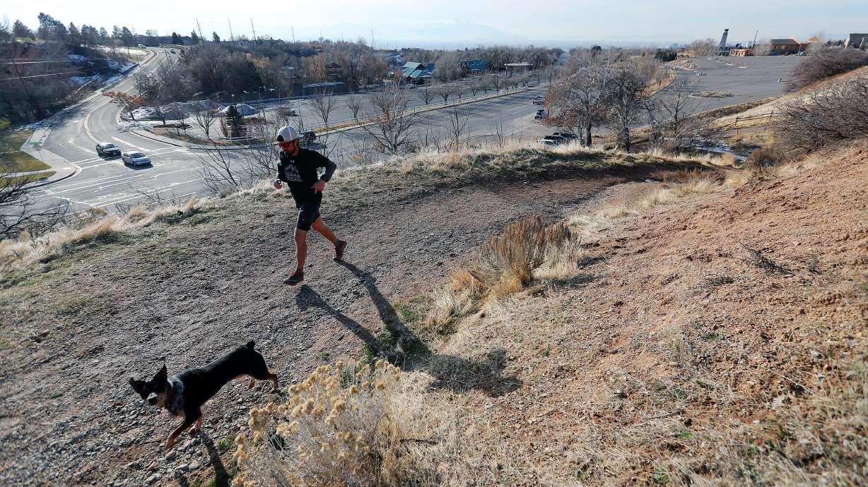 A jogger and his dog run on the trails above This Is the Place Heritage State Park in Salt Lake City on Dec. 10, 2019. Giving your dog opportunities to safely practice predatory behaviors can help you get them under control, research suggests.