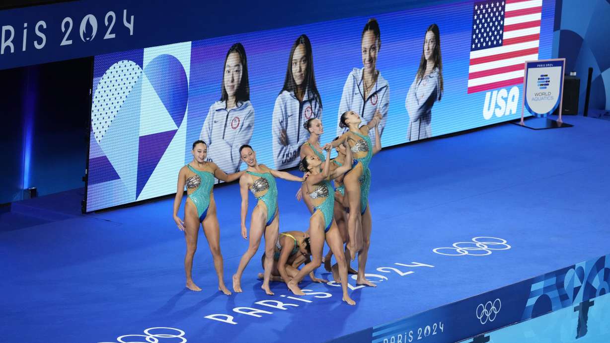 Team USA compete in the team free routine of artistic swimming at the 2024 Summer Olympics, Tuesday, Aug. 6, 2024, in Saint-Denis, France.