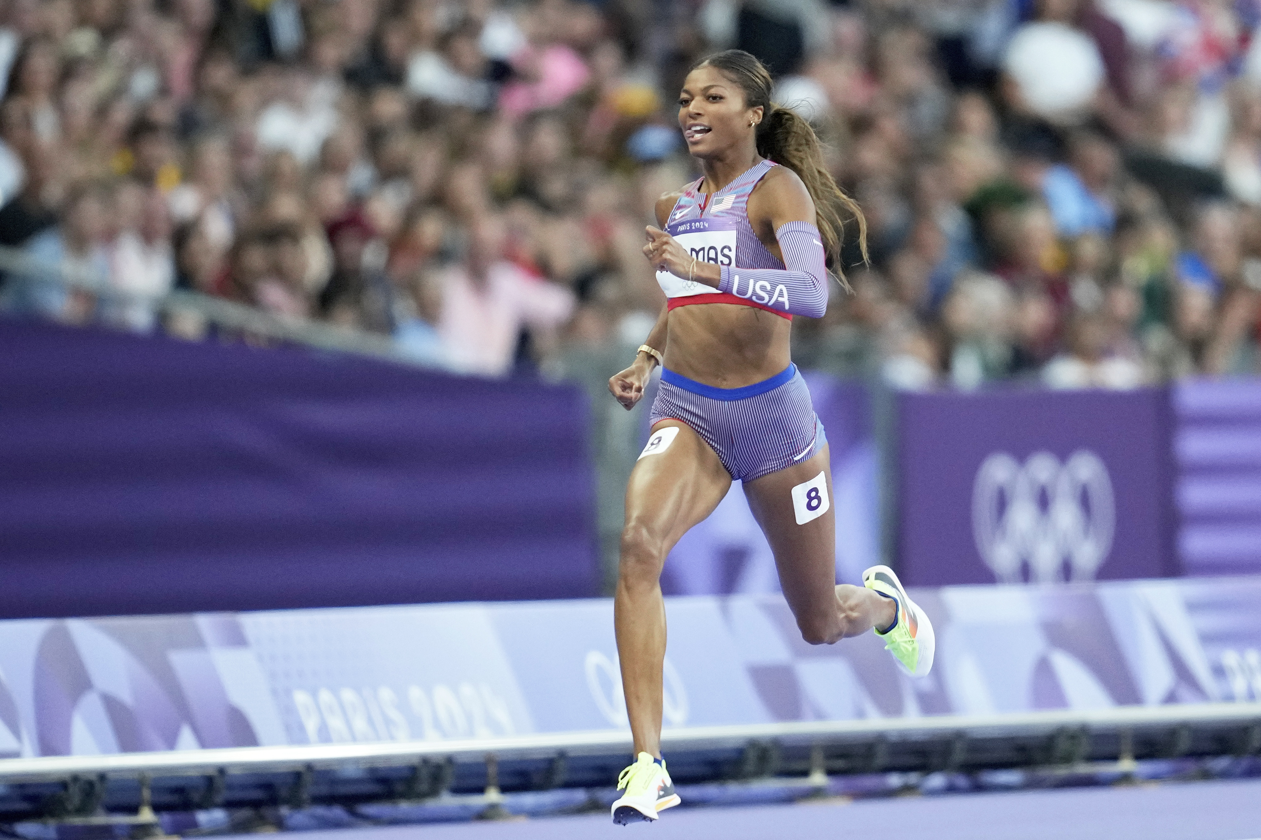 Gabrielle Thomas, of the United States, wins a women's 200 meters semifinal at the 2024 Summer Olympics, Monday, Aug. 5, 2024, in Saint-Denis, France. 