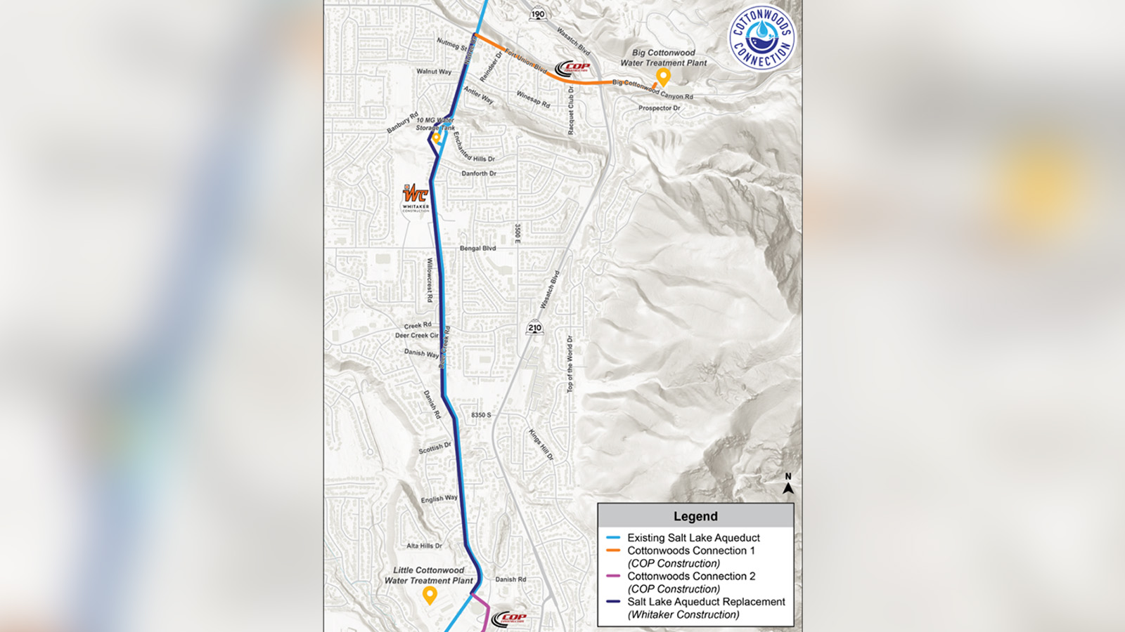 This map shows the paths of the Cottonwoods Connection pipelines along the Wasatch Front. The pipelines will connect the Big and Little Cottonwood water treatment plants.