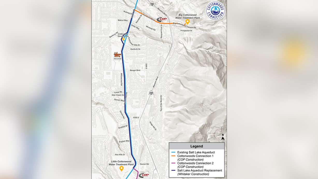 This map shows the paths of the Cottonwoods Connection pipelines along the Wasatch Front. The pipelines will connect the Big and Little Cottonwood water treatment plants.
