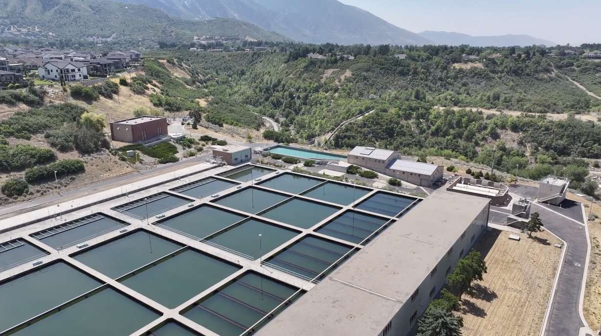 An aerial image of the Little Cottonwood Canyon Water Treatment Plant. Construction to overhaul the facility will begin after the Cottonwoods Connection pipeline is complete in late 2026.