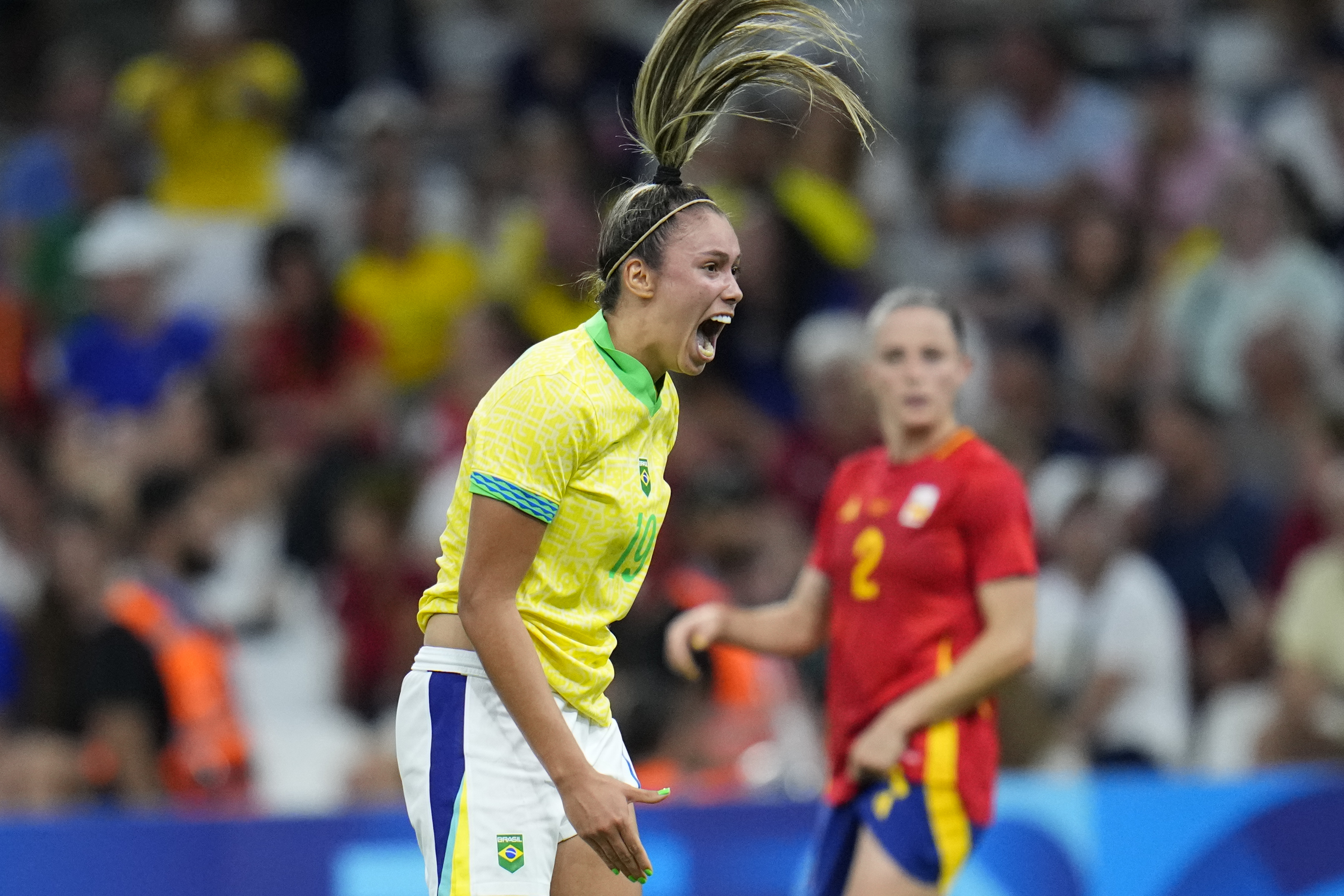 Brazil's Priscila reacts after missing an opportunity to score during a women's semifinal soccer match between Brazil and Spain at the 2024 Summer Olympics, Tuesday, Aug. 6, 2024, at Marseille Stadium in Marseille, France.