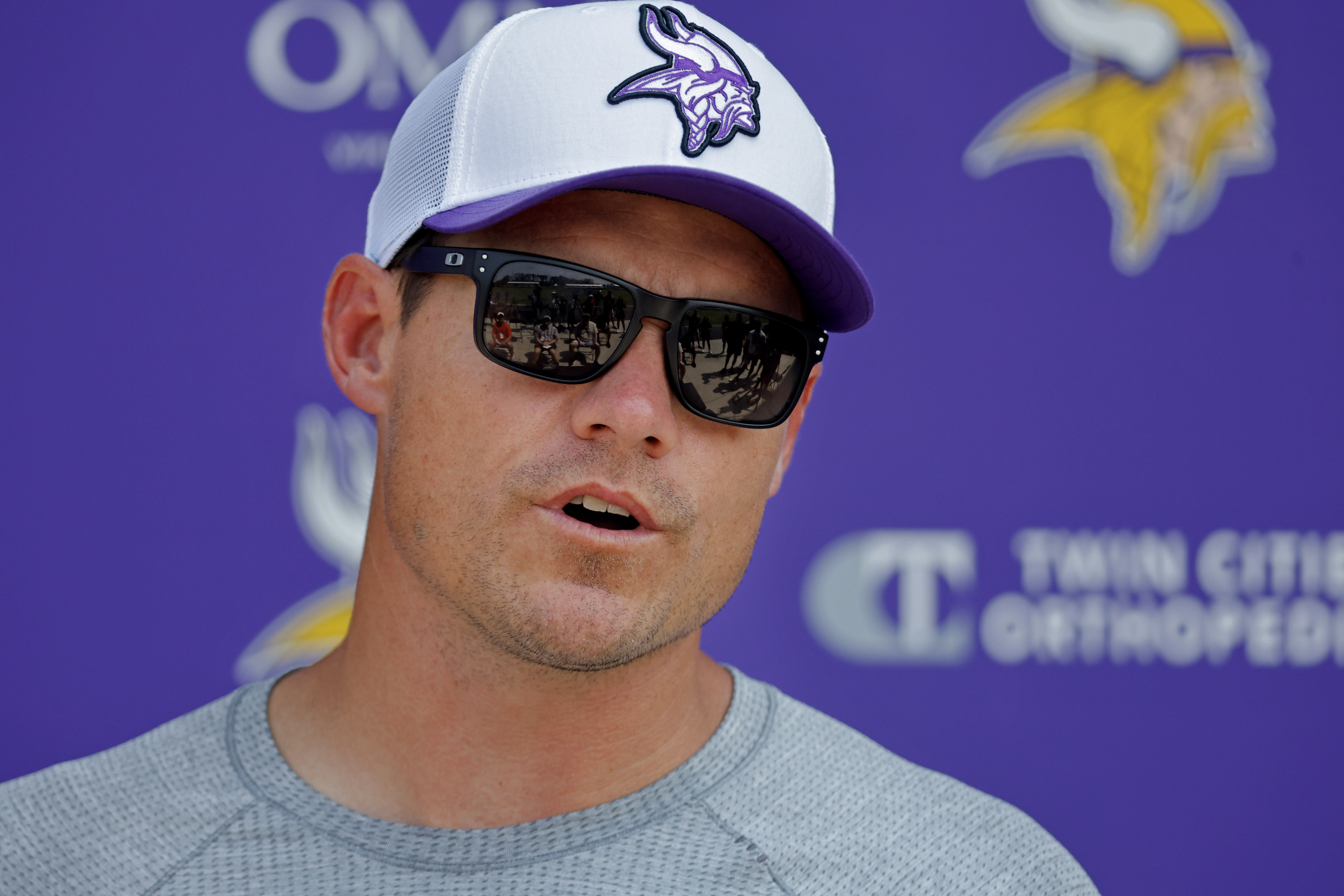 Minnesota Vikings head coach Kevin O'Connell talks with the media during NFL football training camp Saturday, July 27, 2024, in Eagan, Minn.. 