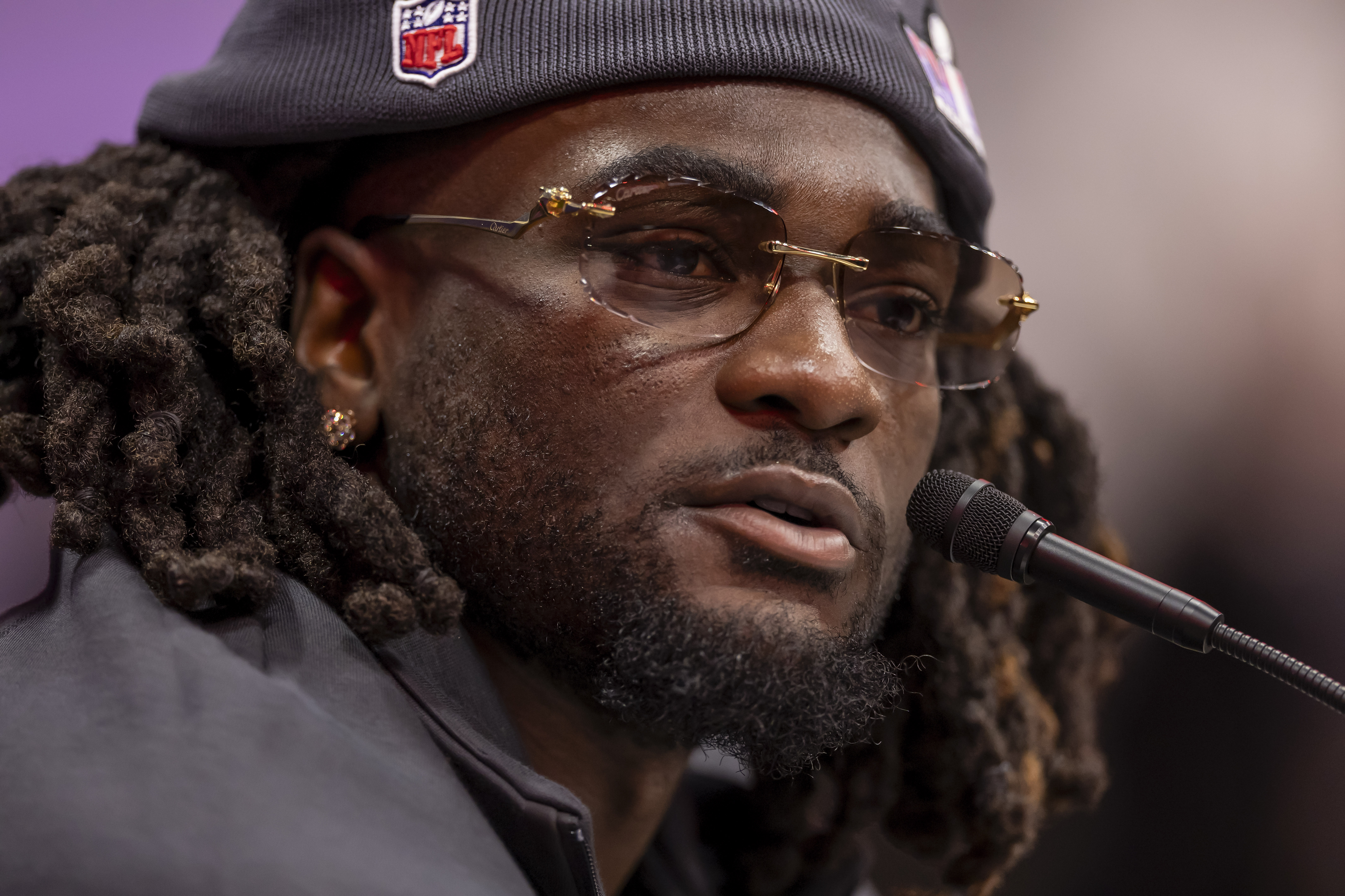 FILE - San Francisco 49ers wide receiver Brandon Aiyuk speaks to reporters during opening night festivities for the NFL football Super Bowl 58, in Las Vegas, Monday, Feb. 5, 2024. /San Francisco Chronicle via AP, File)