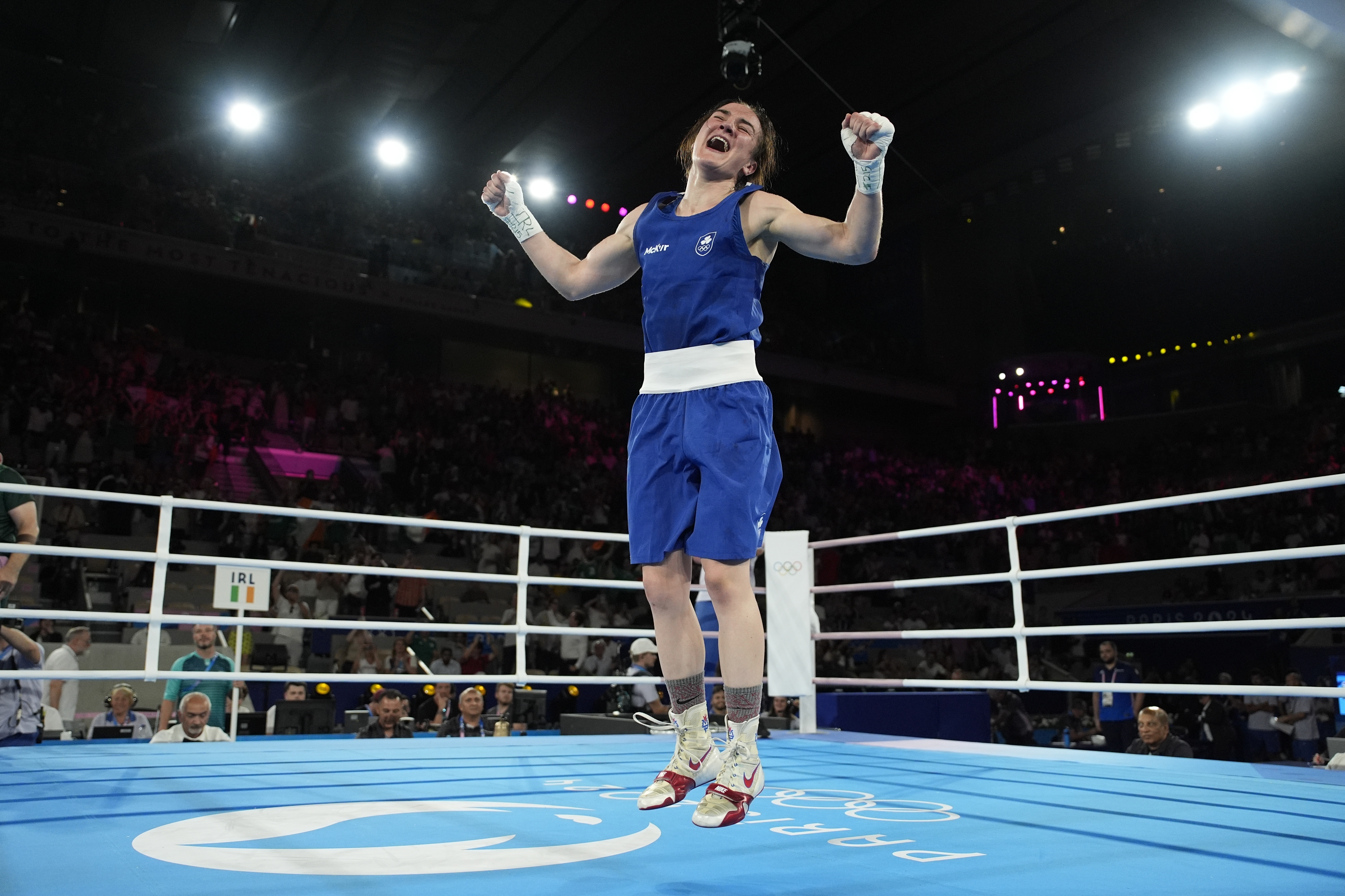 Ireland's Kellie Harrington celebrates winning gold after defeating China's Yang Wenlu in their women's 60 kg final boxing match at the 2024 Summer Olympics, Tuesday, Aug. 6, 2024, in Paris, France.