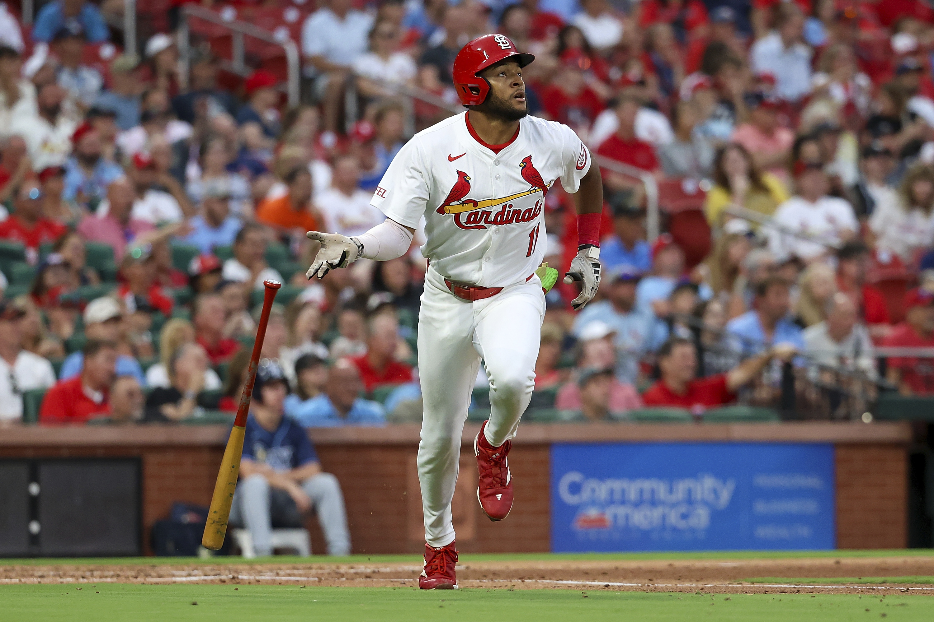 St. Louis Cardinals' Victor Scott II runs after hitting a two-run home run during the second inning of a baseball game against the Tampa Bay Rays, Tuesday, Aug. 6, 2024, in St. Louis. 