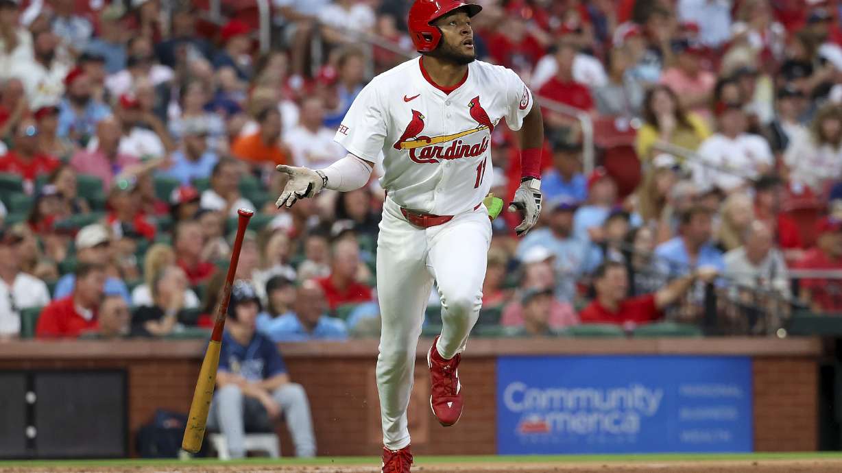 St. Louis Cardinals' Victor Scott II runs after hitting a two-run home run during the second inning of a baseball game against the Tampa Bay Rays, Tuesday, Aug. 6, 2024, in St. Louis.