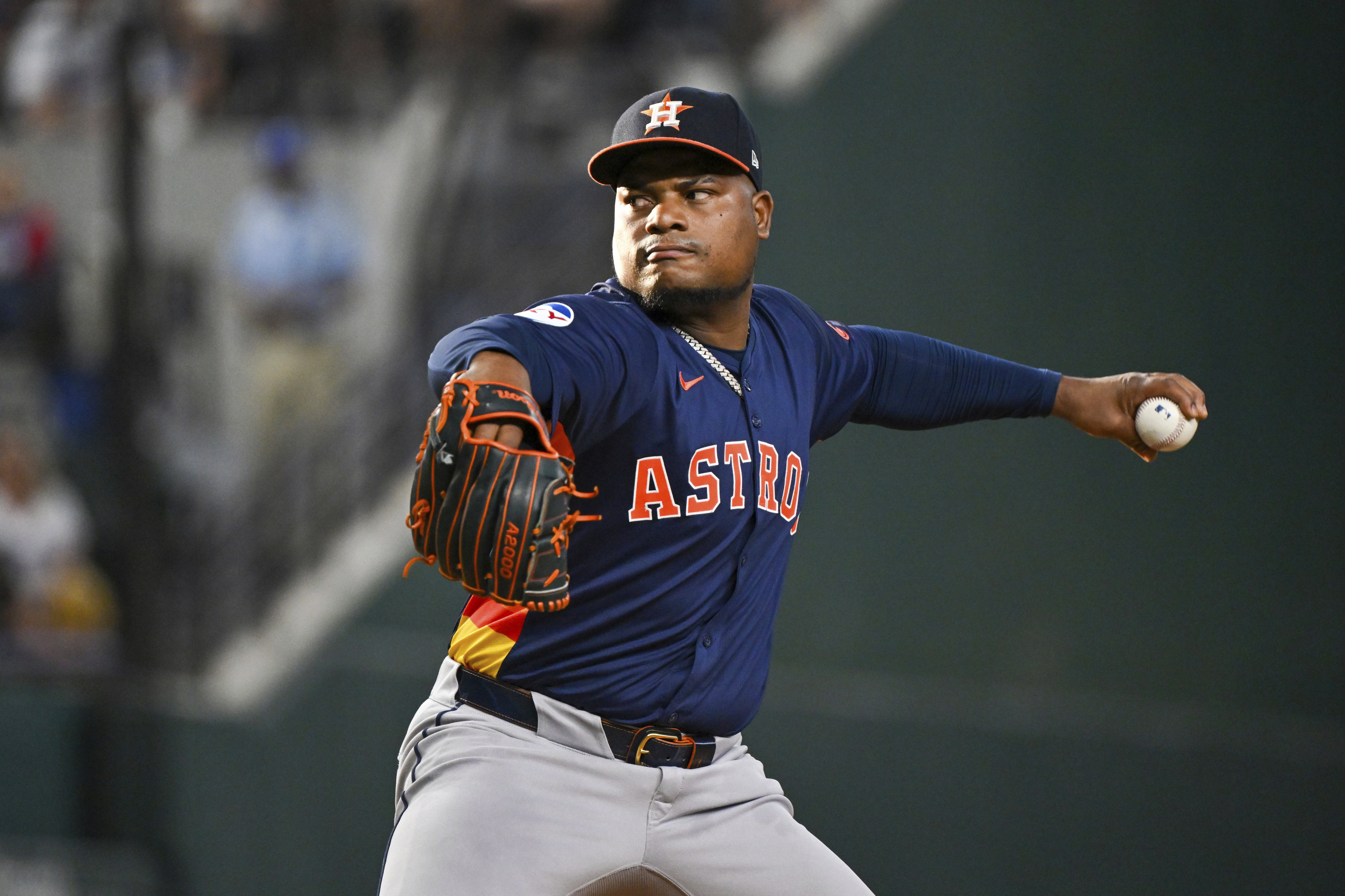 Houston Astros pitcher Framber Valdez pitches in the first inning of a baseball game against the Houston Astros, Tuesday, Aug 6, 2024, in Arlington, Texas. 