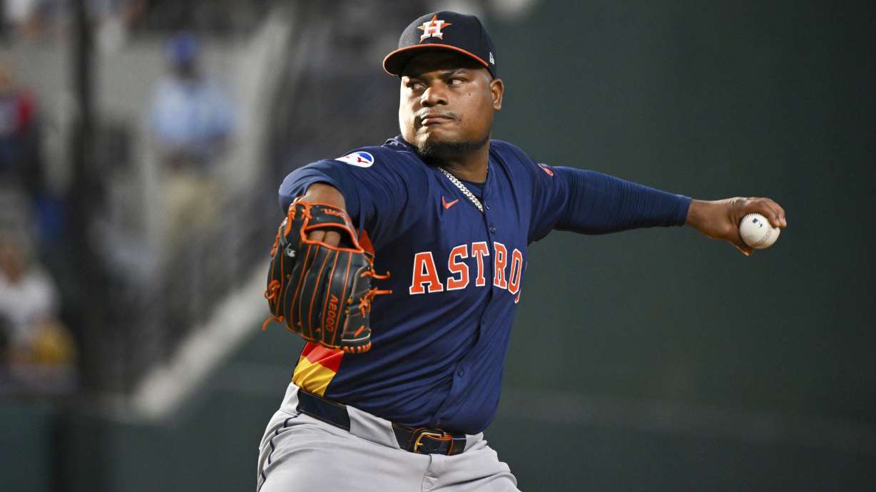 Houston Astros pitcher Framber Valdez pitches in the first inning of a baseball game against the Houston Astros, Tuesday, Aug 6, 2024, in Arlington, Texas.