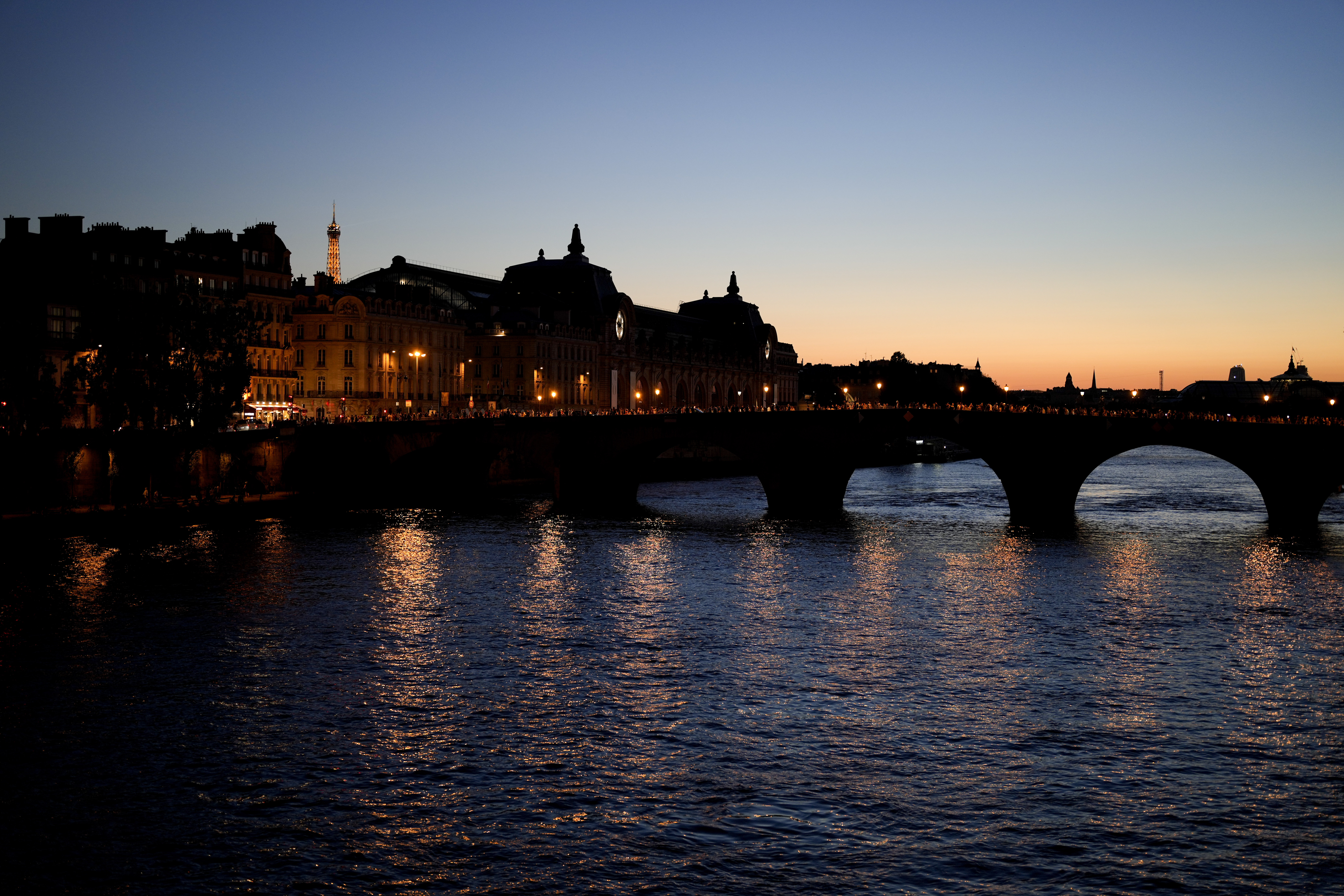 A view of the Seine River is pictured at sunset during the 2024 Summer Olympics, Monday, Aug. 5, 2024, in Paris, France. 