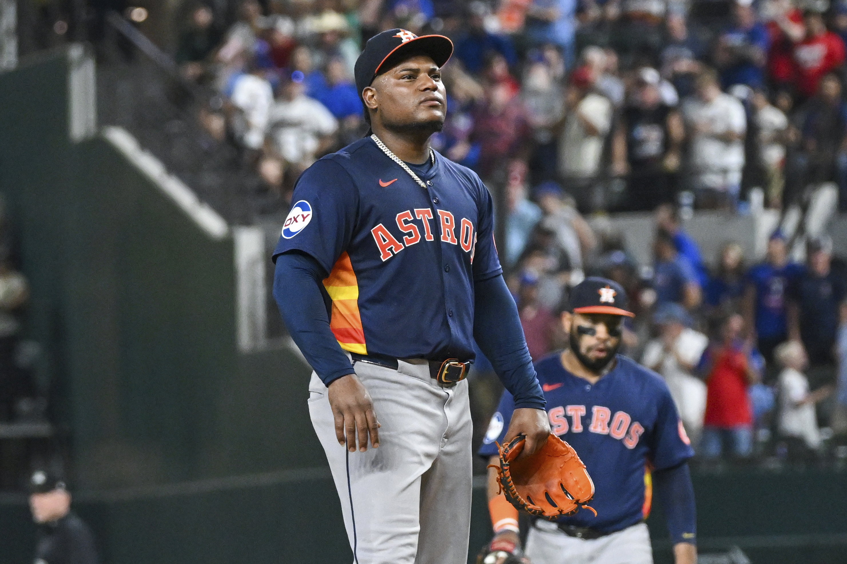 Houston Astros Framber Valdez stands on the mound before he exits the game in the ninth inning of a baseball game against the Texas Rangers, Tuesday, Aug 6, 2024, in Arlington, Texas. 