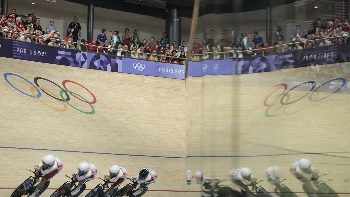 Team France's Thomas Boudat, Benjamin Thomas, Thomas Denis, and Valentin Tabellion compete during the men's team pursuit event, at the 2024 Summer Olympics, Monday, Aug. 5, 2024, in Paris, France.