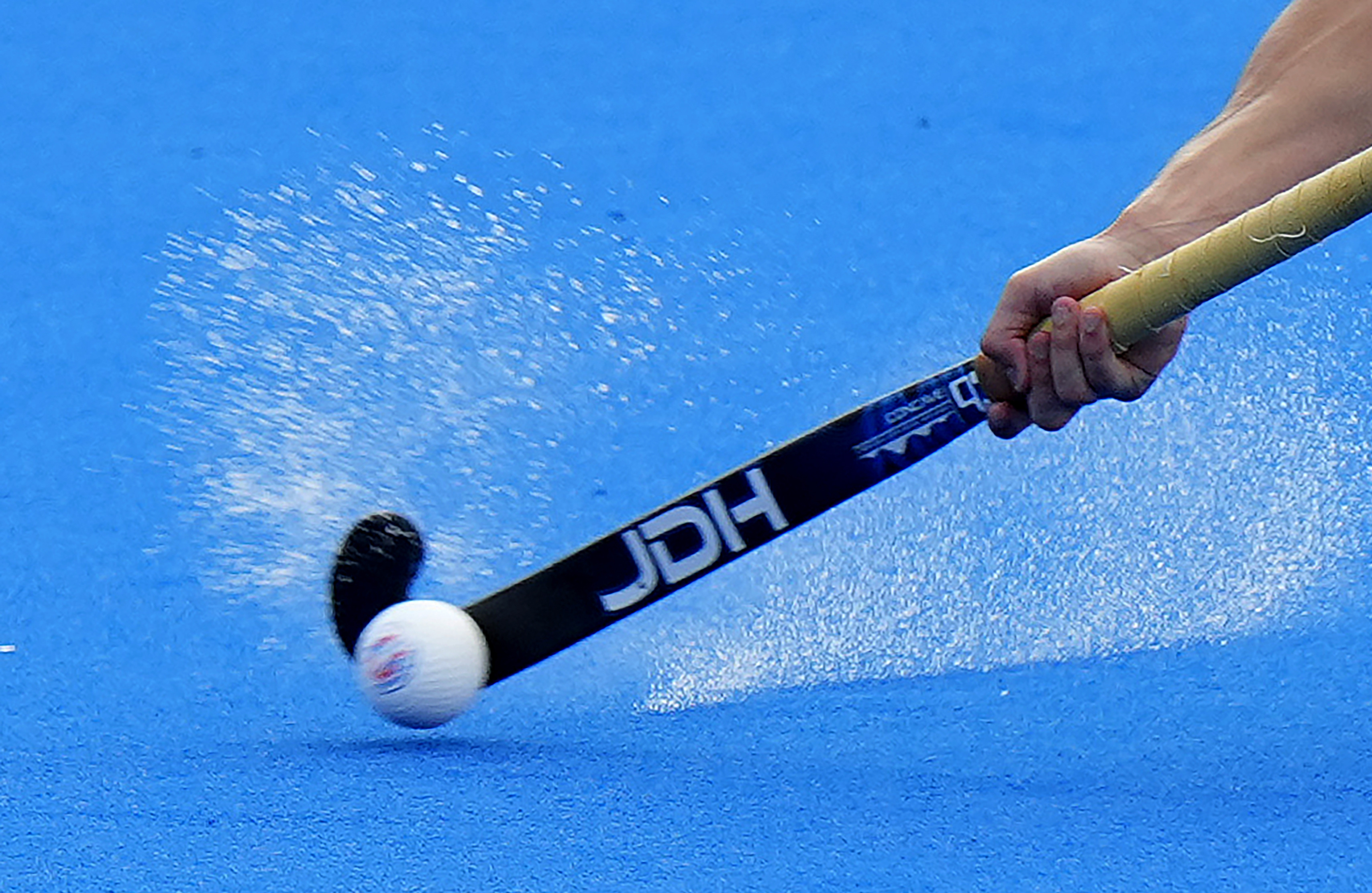 FILE - A view of a player holding a hockey stick, during the 2024 Summer Olympics, Sunday, Aug. 4, 2024, in Colombes, France. 