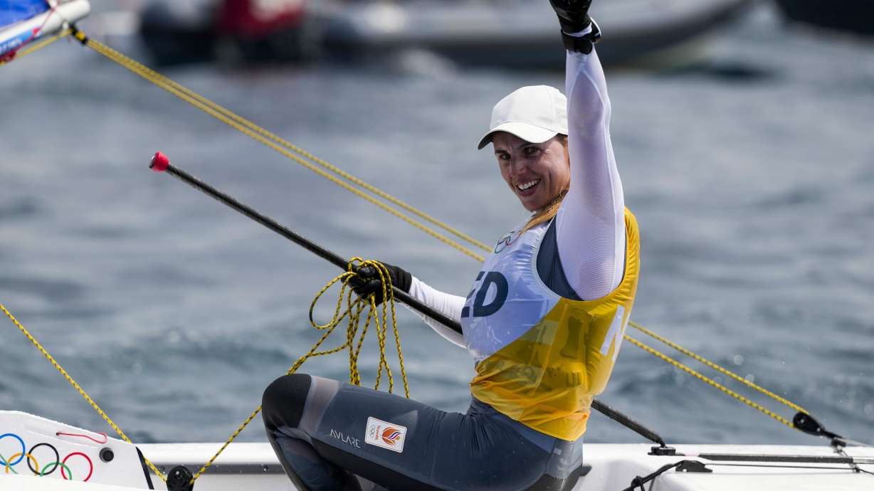 Marit Bouwmeester of the Netherlands celebrates after winning the gold medal at the end of the ILCA 6 women's dinghy class final race during the 2024 Summer Olympics, Wednesday, Aug. 7, 2024, in Marseille, France.