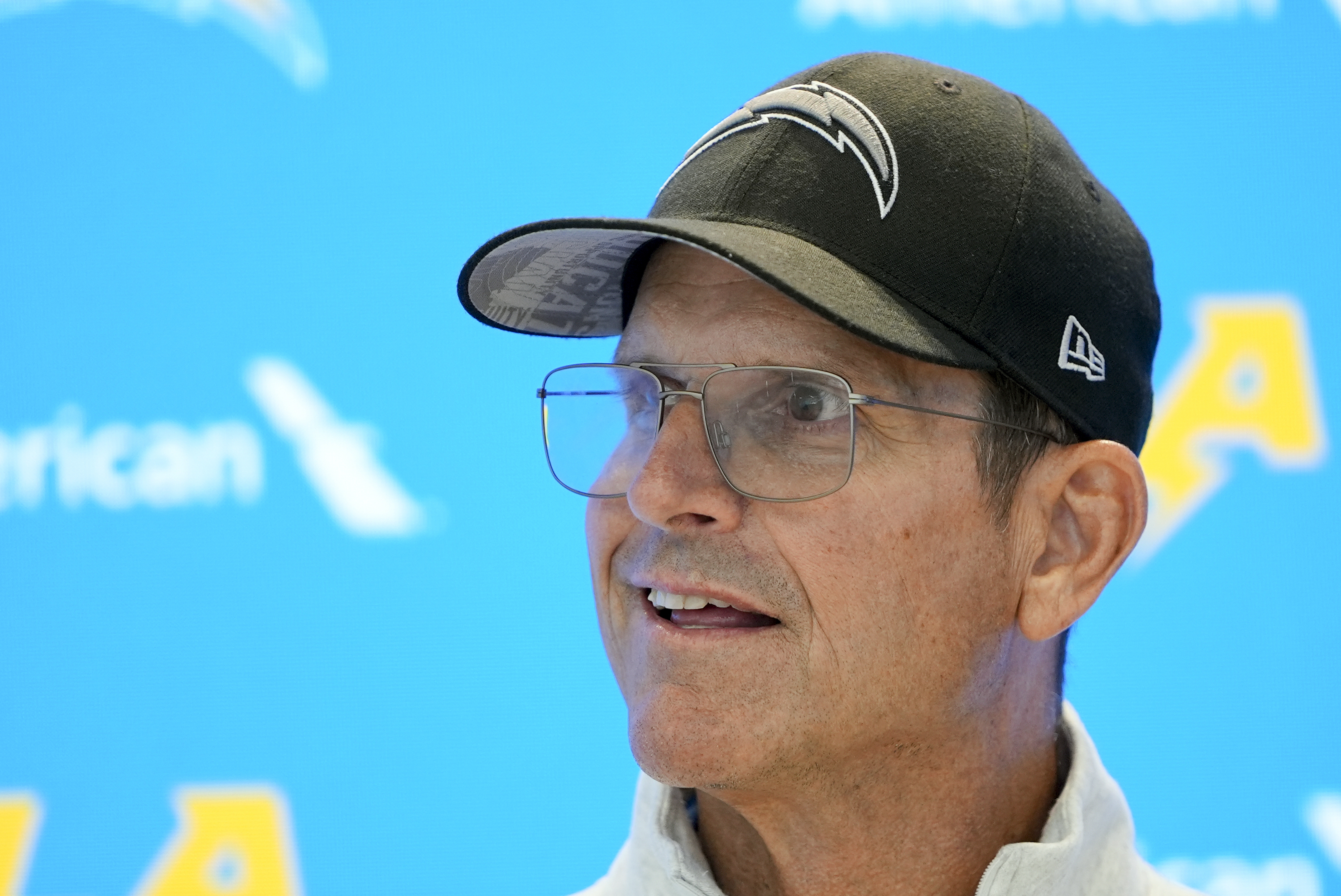 Los Angeles Chargers head coach Jim Harbaugh speaks at a news conference after NFL football training camp Monday, July 29, 2024, in El Segundo, Calif.