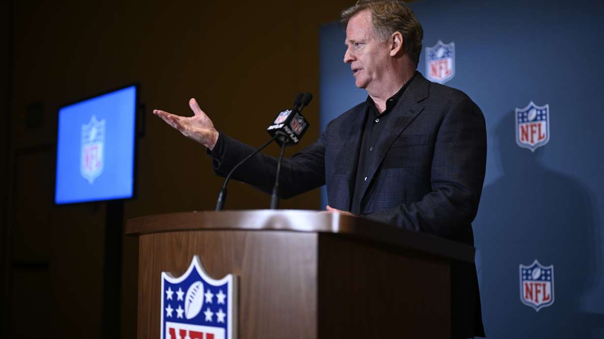 FILE - NFL commissioner Roger Goodell addresses reporters at the end of the NFL football owners meetings, Tuesday, March 26, 2024, in Orlando, Fla.